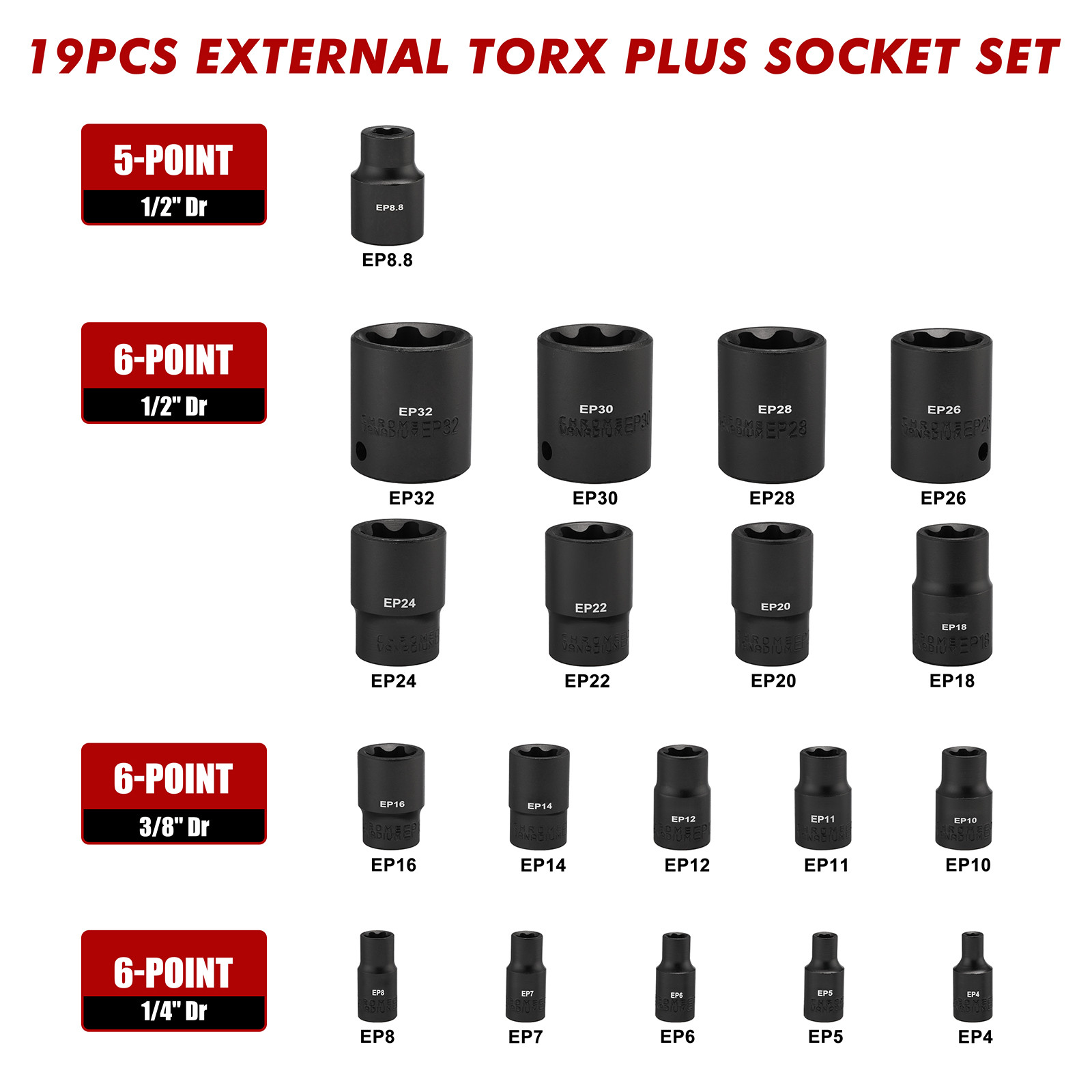19PCS External Torx Plus Socket Set 6 Point EP Socket EP4-EP32 5 Point 1/2» Dr