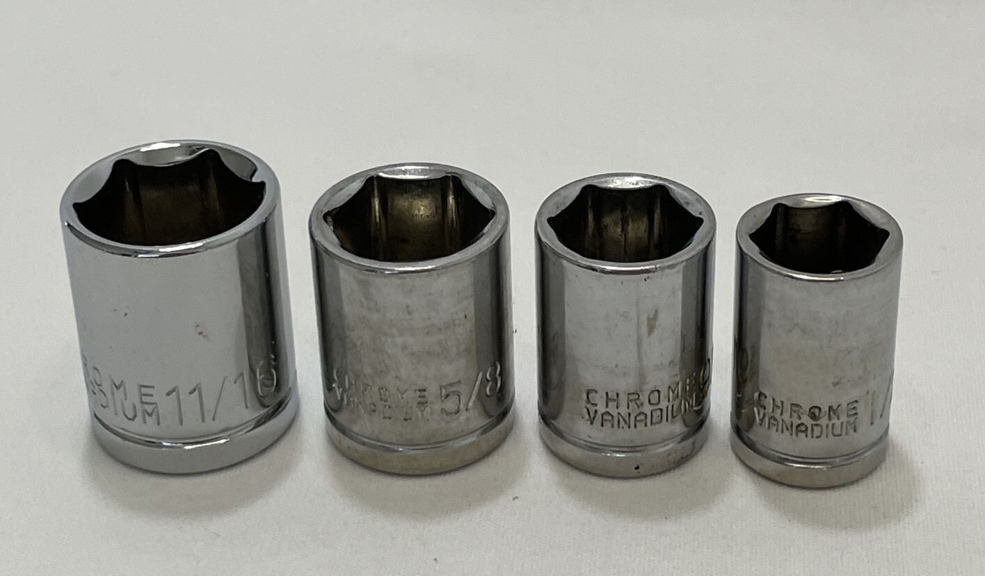 Vintage Chrome Vanadium 3/8”Drive SAE 11/16”,5/8”,9/16”,1/2” – 6pts Lot Of 4