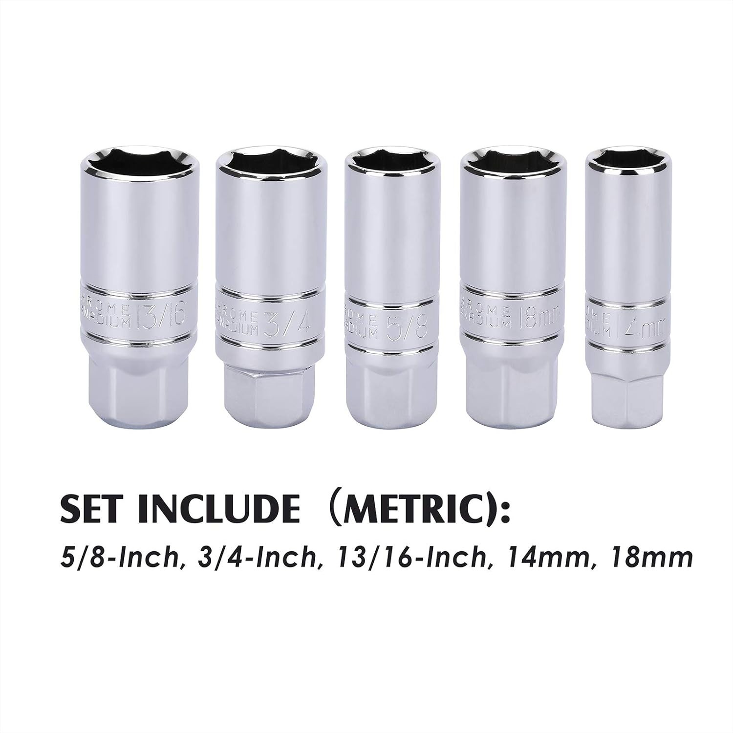 3/8 Inch Drive Spark Plug Socket Set, SAE & Metric, CR-V Steel Mirror Finish