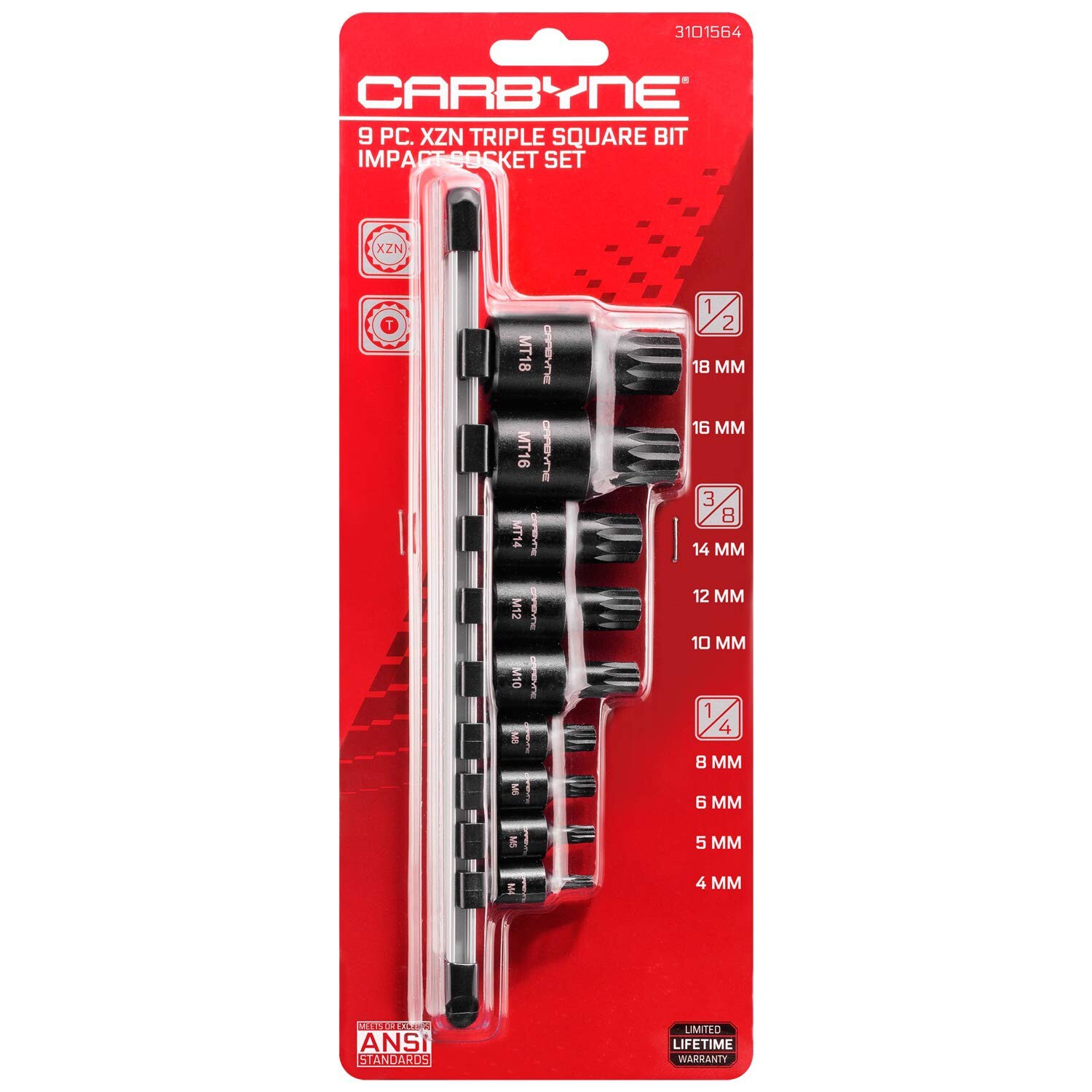 CARBYNE 9 Piece XZN Triple Square Bit Impact Socket Set, 4mm to 18mm