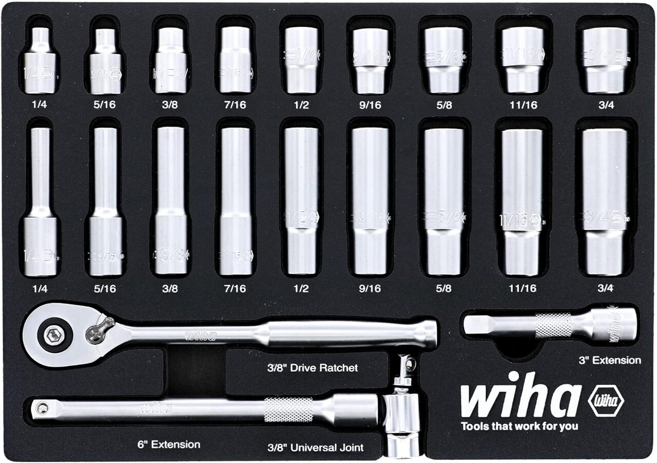 Wiha 33796 22 Piece 3/8″ Drive Professional Standard & Deep Socket Tray Set-SAE