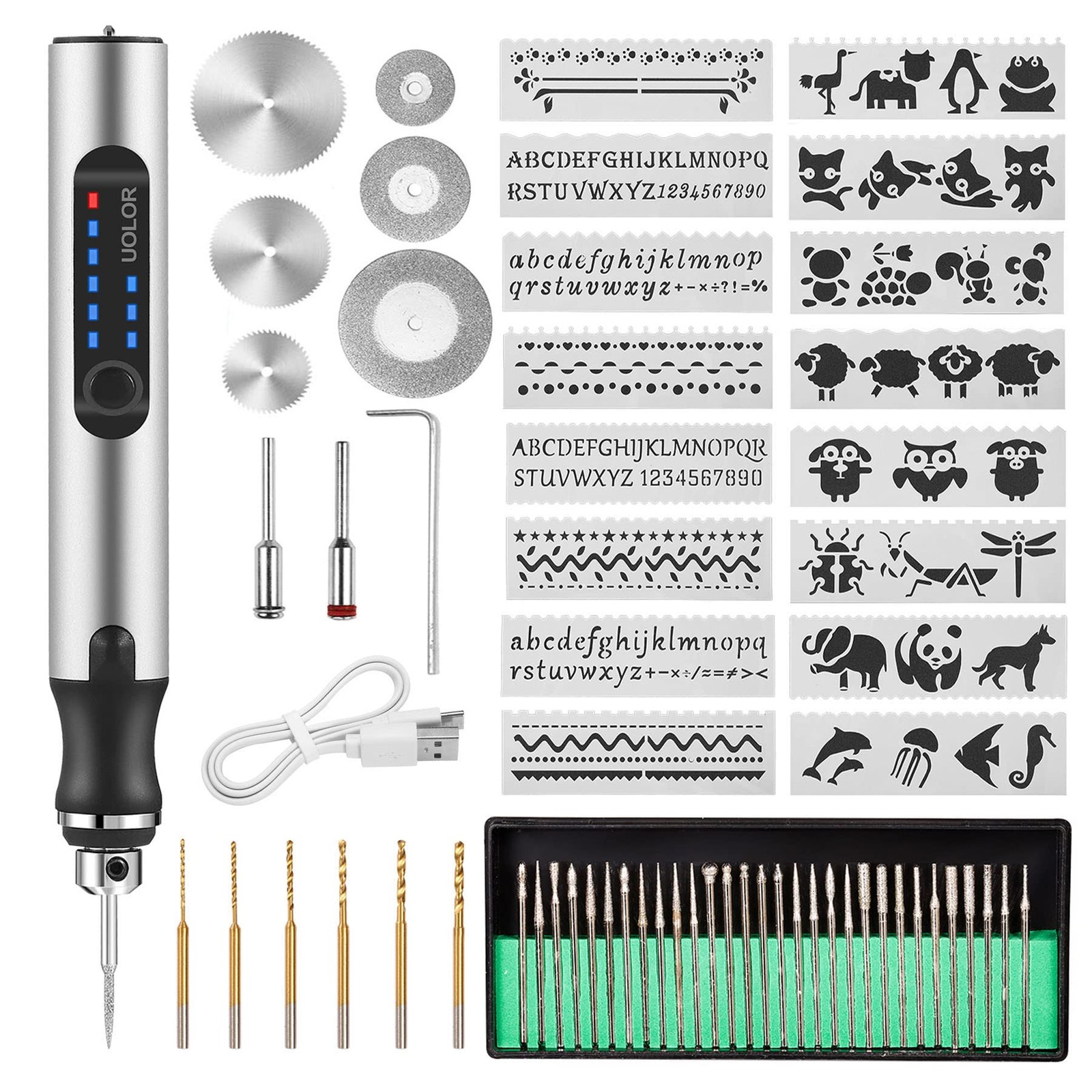 Uolor Electric Engraving Cordless USB Rechargeable Tool Kit, Silver