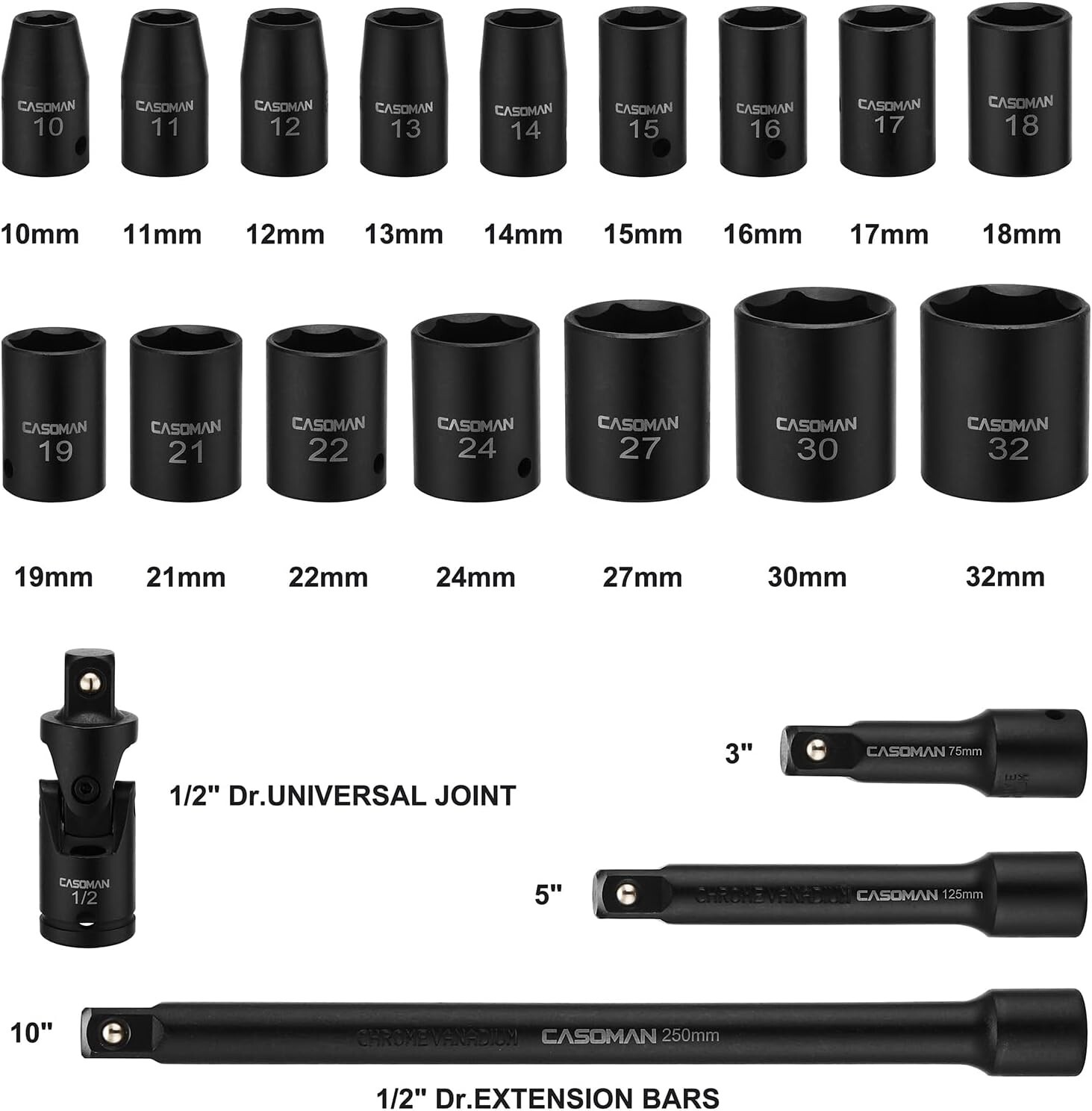 Metric 1/2-Inch Drive Impact Socket Set, 10mm-32mm – User-Friendly & Versatile