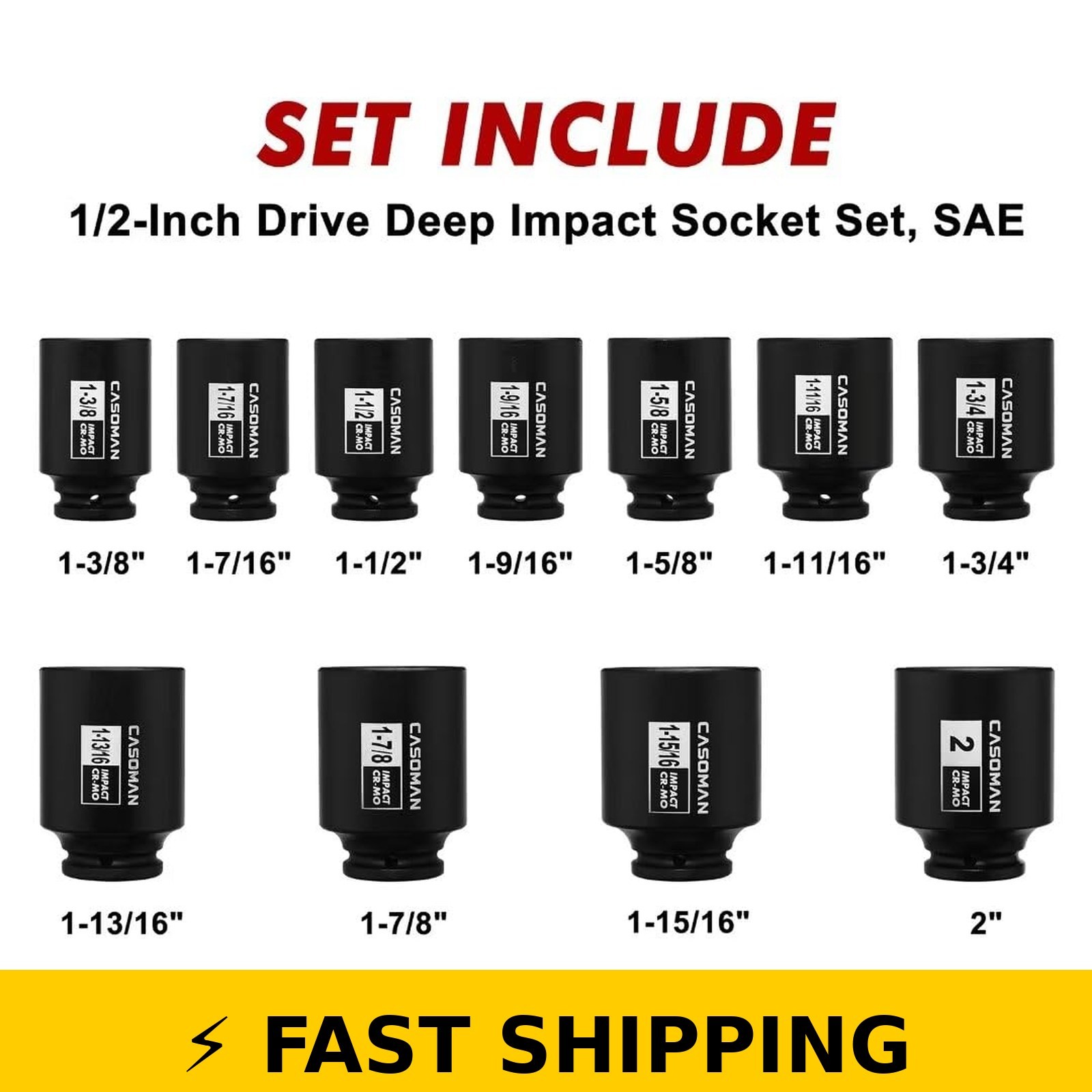 CASOMAN 11PCS 1/2-Inch Drive Impact Socket Set, SAE