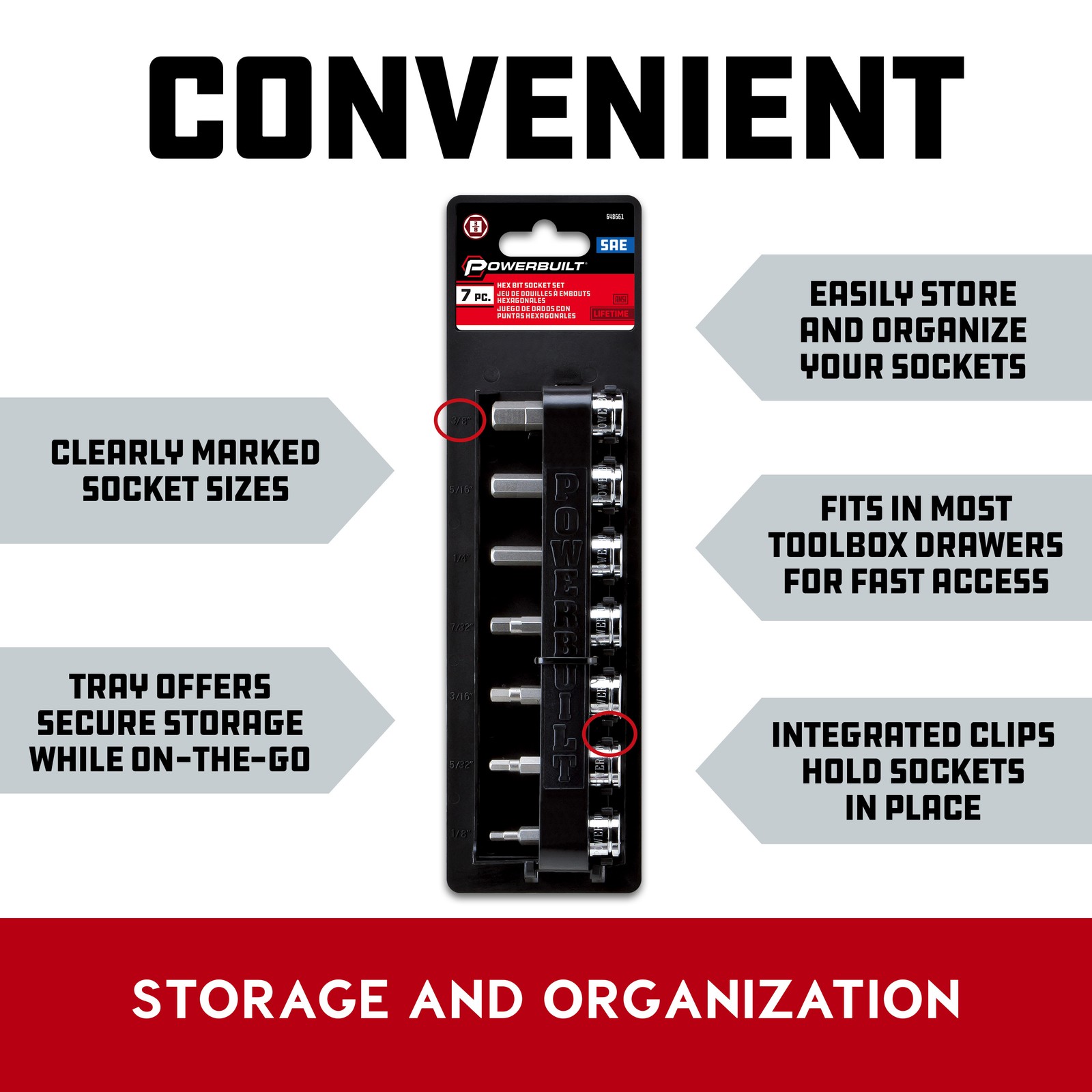 Powerbuilt 7 Piece 3/8 Inch Drive SAE Hex Bit Socket Set – 648661