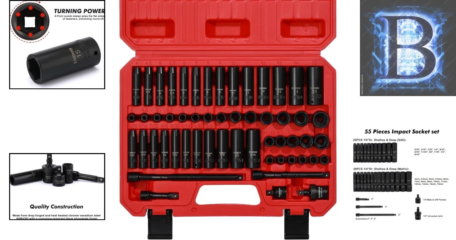 Durable 55PCS Impact Socket Set with Extensions – 1/4 Inch Drive, Cr-V Steel