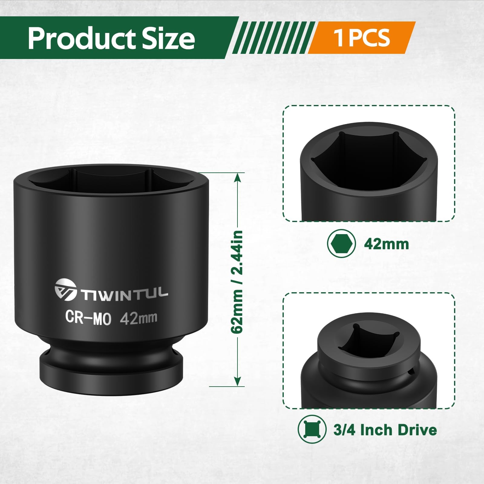 TIWINTUL 3/4 Inch Drive Metric Impact Socket 42mm, 6-Point 42mm (Standard)