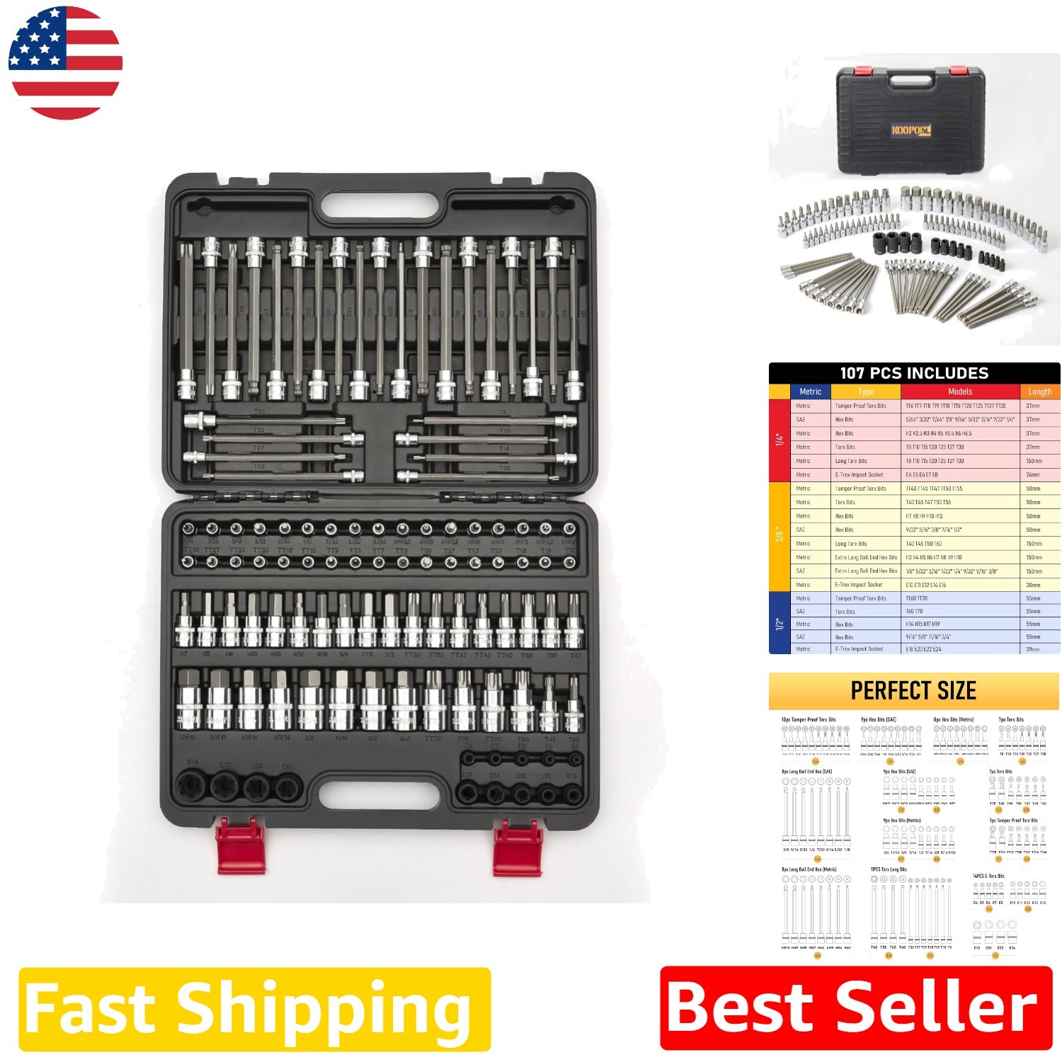 Master 107pc Torx Allen Bit Socket Set, S2 Steel, 1/4″ 3/8″ 1/2″ Drive, Durable