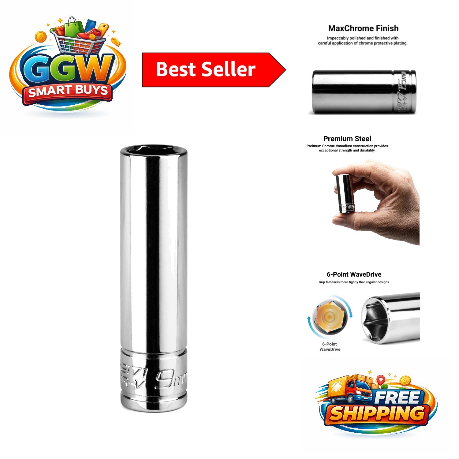 High-Performance 1/4 in. Drive 9 mm 6-Point Deep Socket – Chrome Vanadium Steel