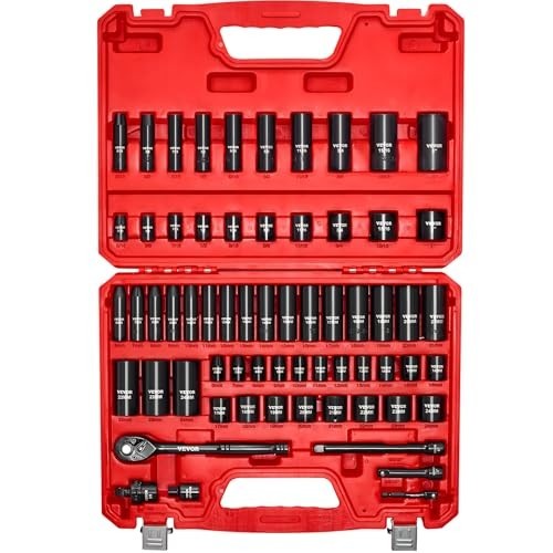 64-Piece 3/8″ Drive Impact Socket Set – SAE & Metric, Deep/Shallow, 6 Point, Rat