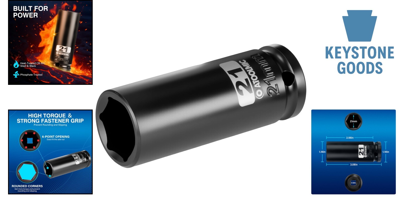 21mm 1/2″ Drive Deep Impact Socket, Chrome Molybdenum Steel, Anti-Slip & Radi…