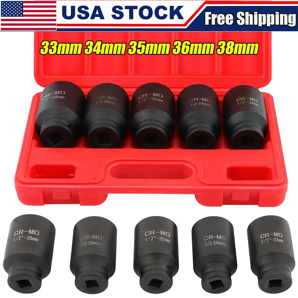 5Pcs 1/2″ Drive Deep Impact Axle Hub Socket Set 6 Point 33mm 34mm 35mm 36mm 38mm