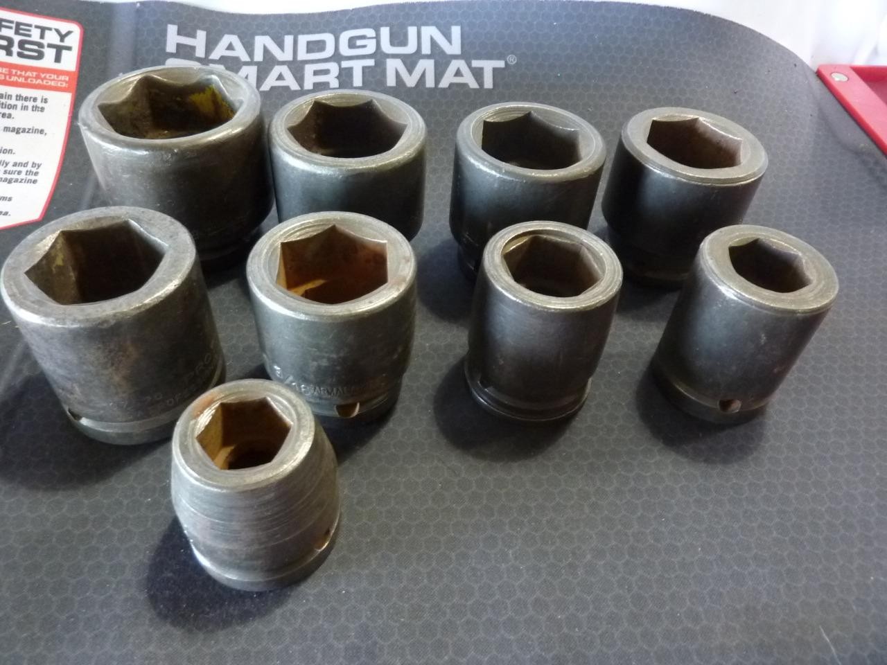 NINE USED MIXED MAKER USA MADE 3/4″ DRIVE SAE SOCKETS – FREE SHIPPING