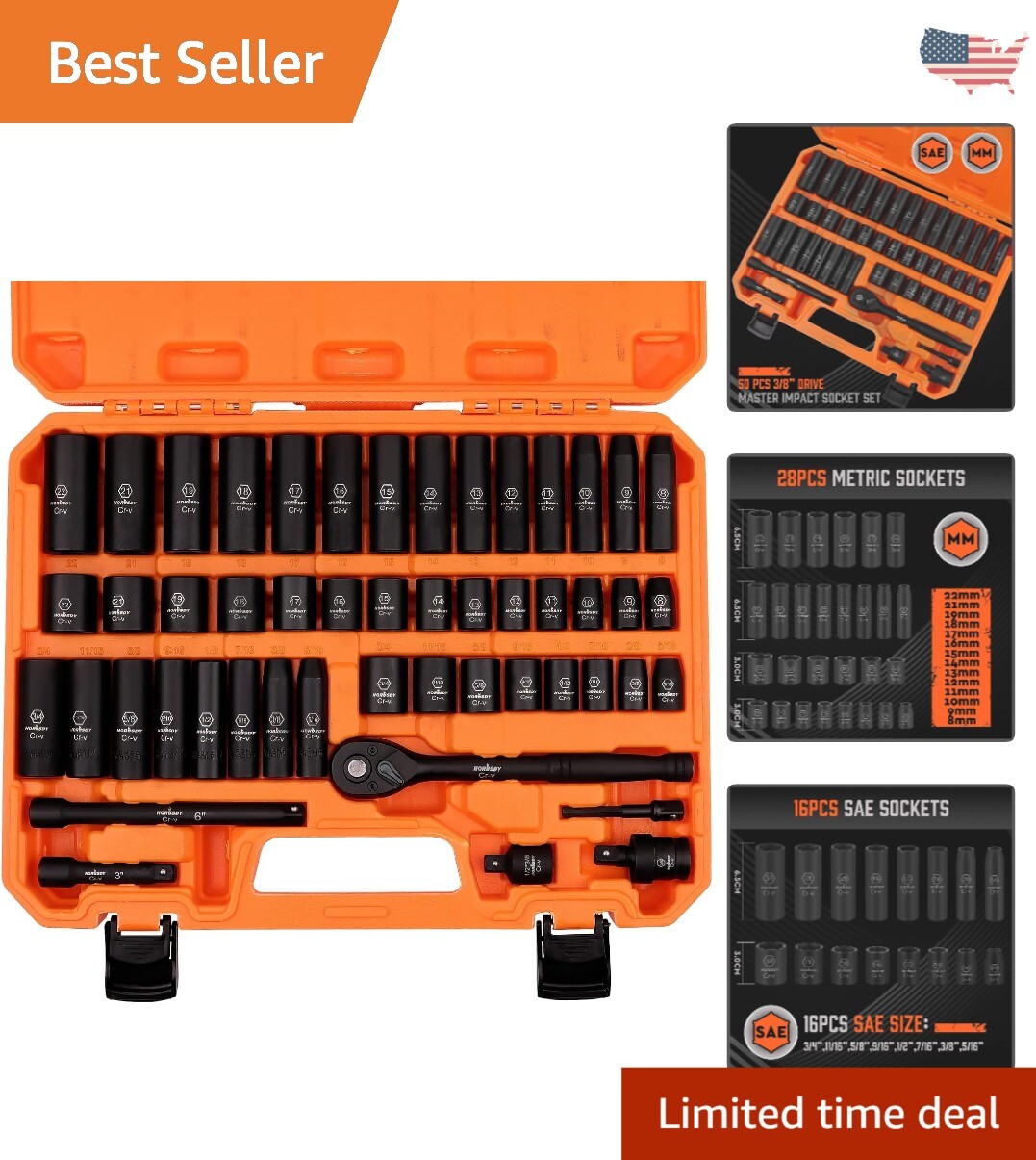 Premium 50-Piece Impact Socket Set – 3/8″ Drive – Standard SAE and Metric Sizes