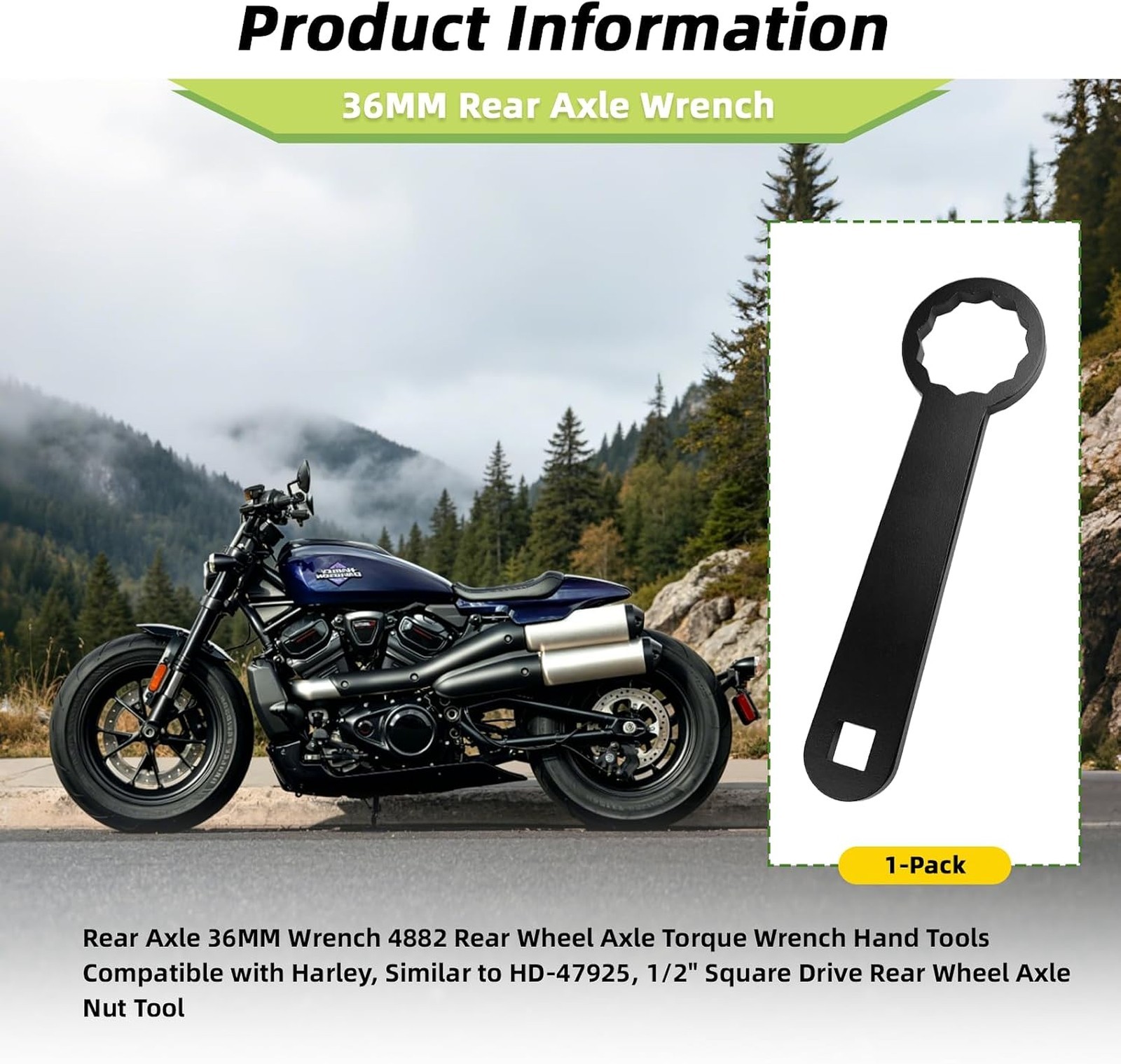 Rear Axle Wrench 36mm Steel 1/2 Inch Square Drive Compatible with Harley Bikes