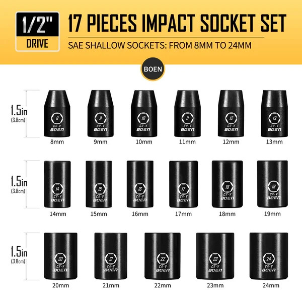 BOEN 17 PCS 1/2″ Dr Shallow Impact Socket Set Metric (8-24mm), 6-Point, CrVSteel