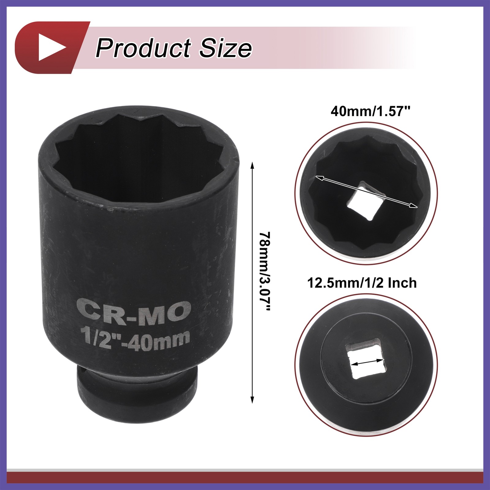 Universal 1/2 Inch Drive Impact Socket 40mm 12 Point High Carbon Steel 1Pcs