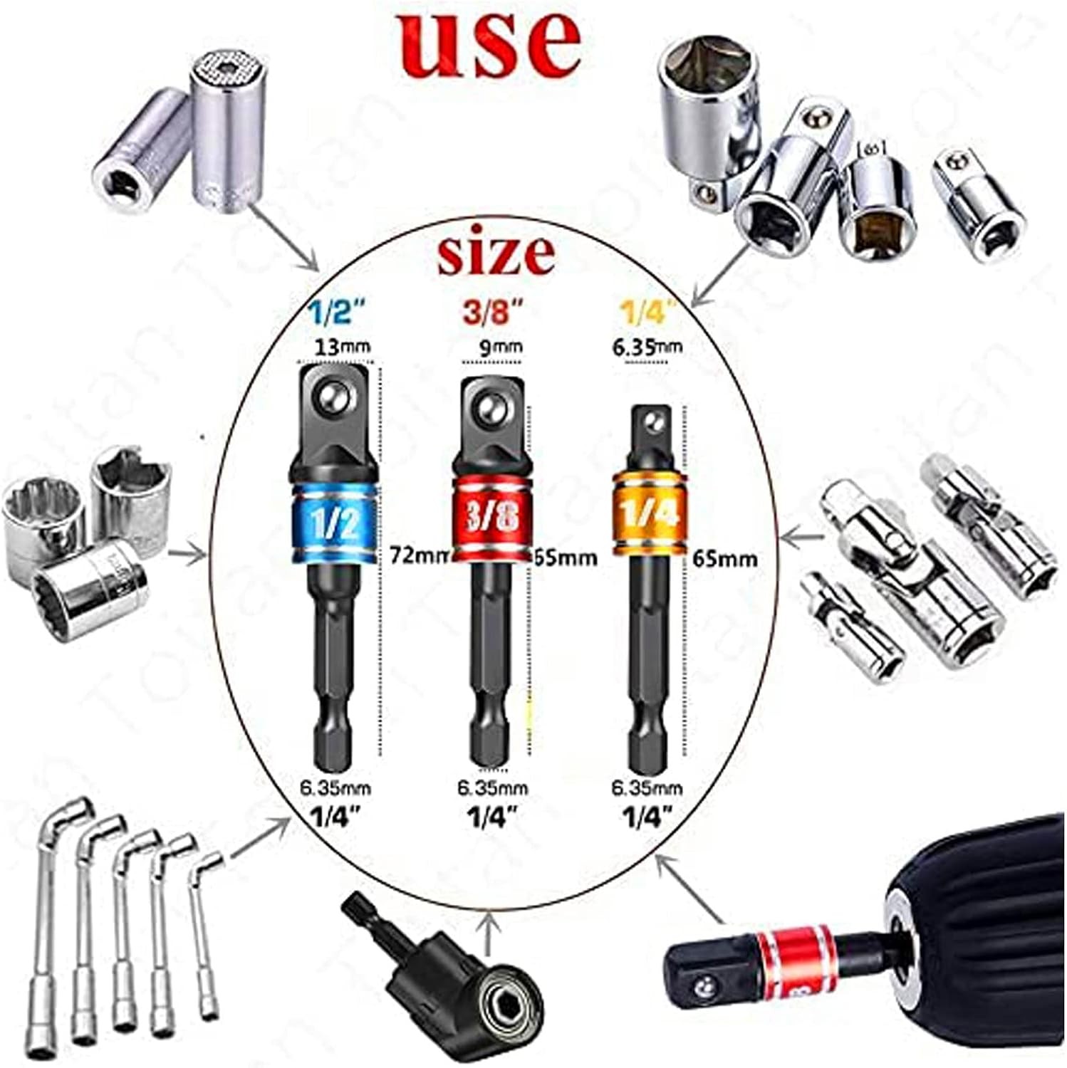 Impact Grade Socket Adapter Set – 3 Pcs Extension Drill One Size, 4P*Black