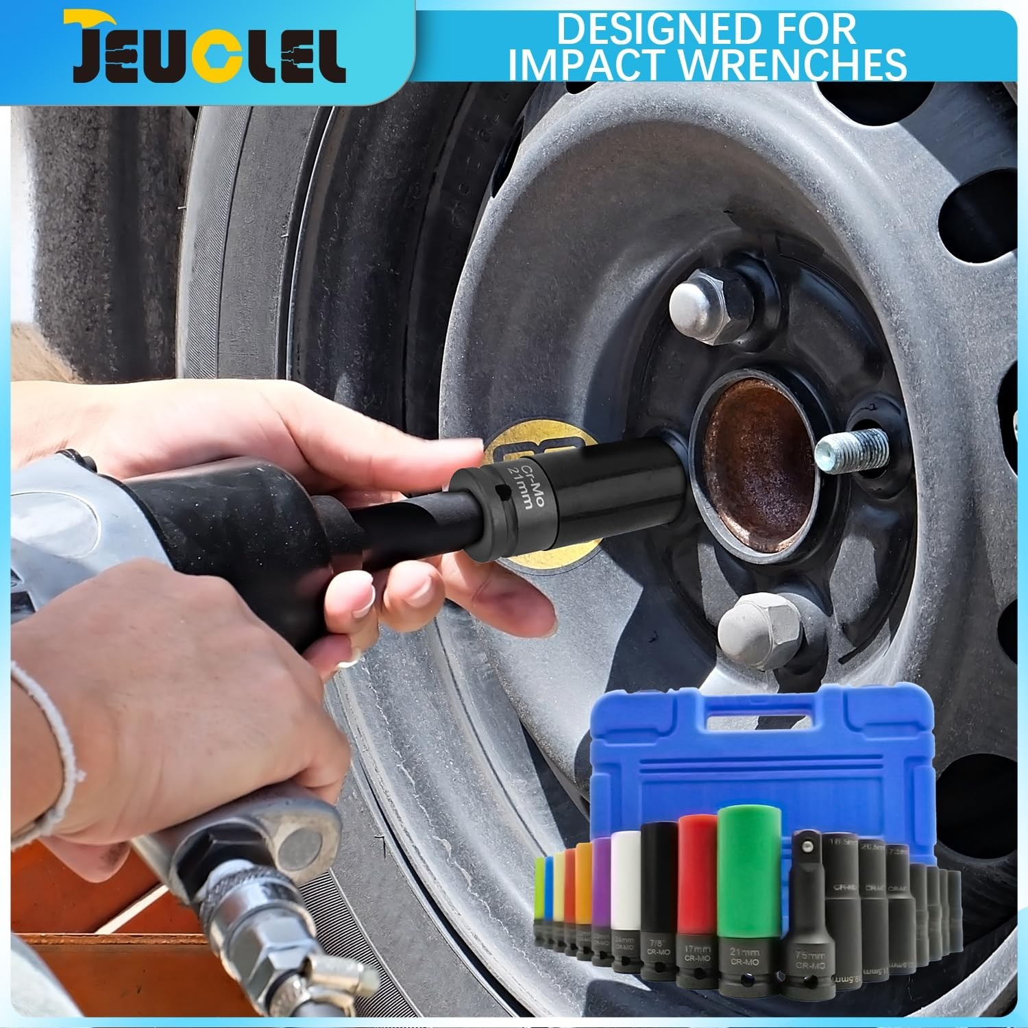 18PCS Thin Wall Lug Nut Socket Set, 1/2″ Drive, 6 & 12 Point, Impact Extension B