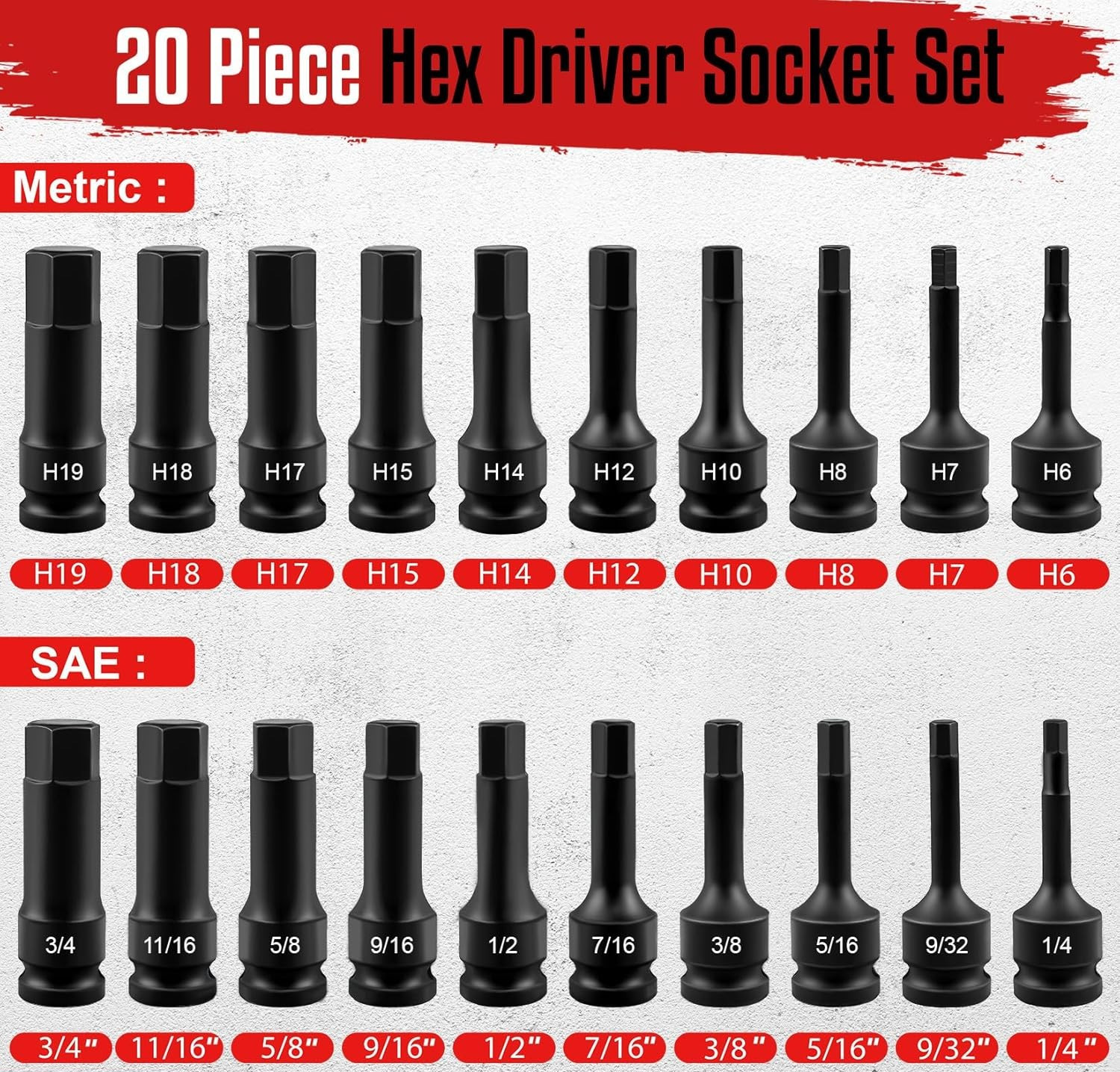 1/2 Drive Master Impact Hex Bit Set 20 Piece Hex Driver Socket Set Allen Bit