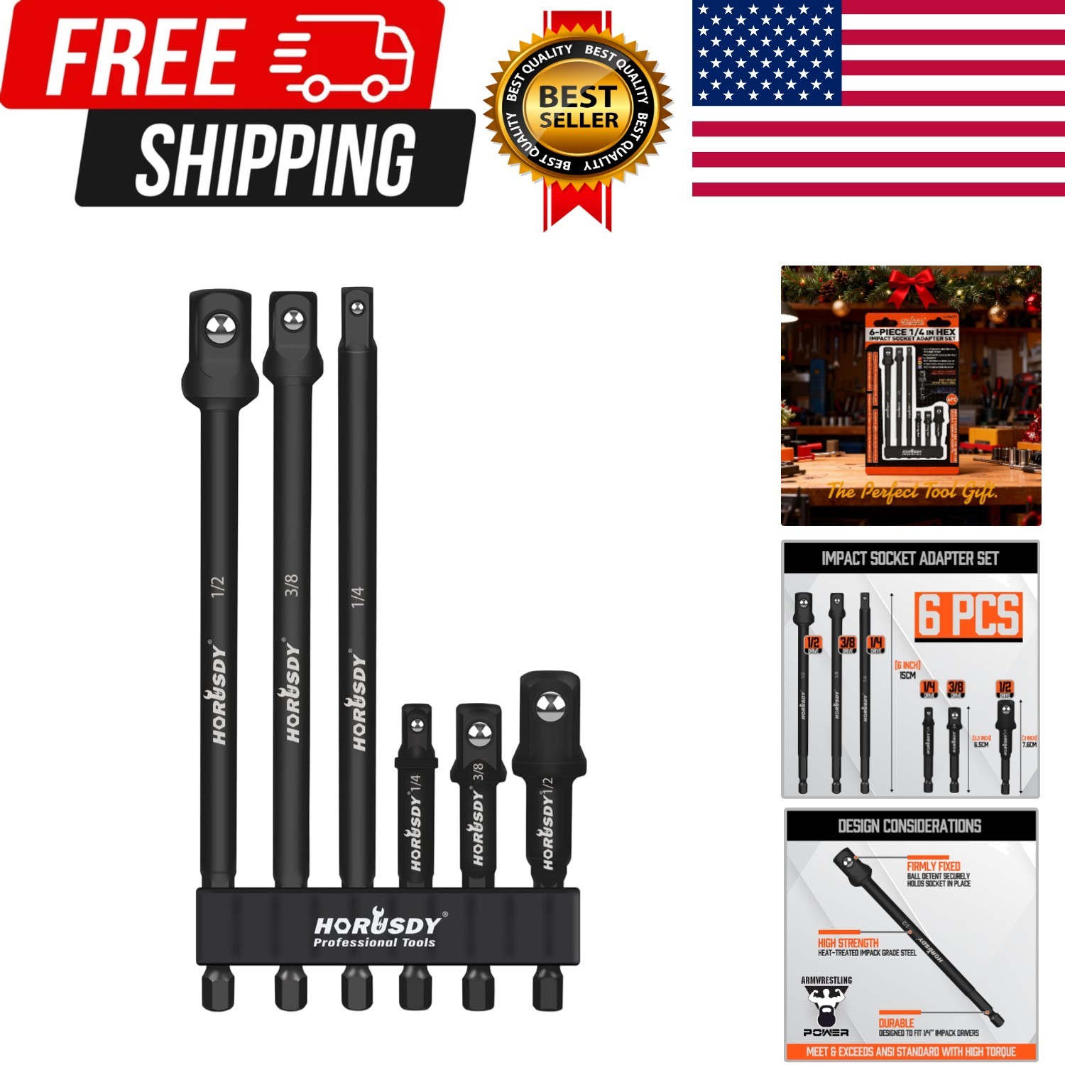 6-Piece Impact Sockets Adapter Sets, 3-Inch and 6-Inch Hex Shank 1/4″ 3/8″ 1/2″