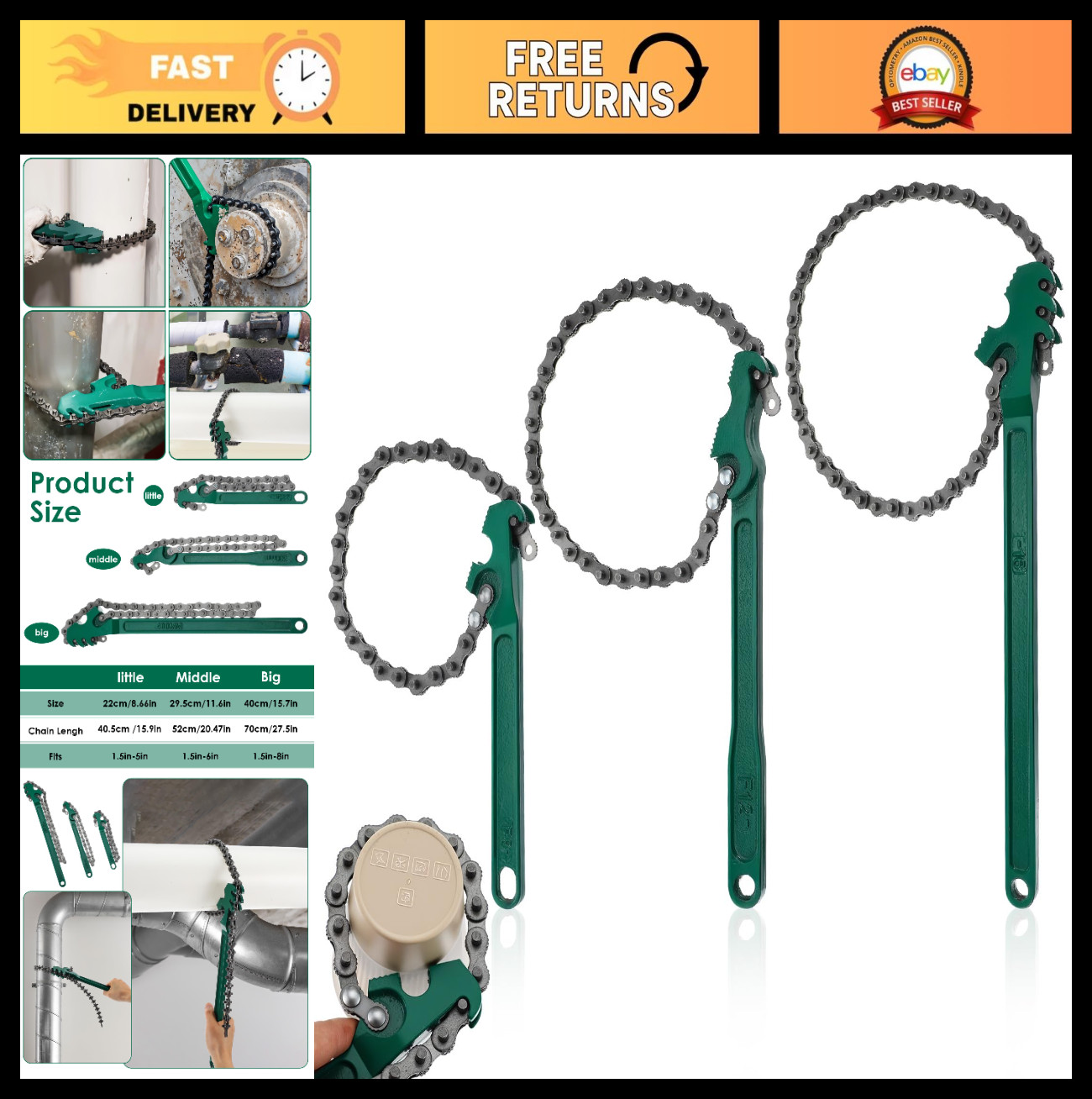 Heavy Duty Chain Wrench Set – 3 Pcs Adjustable Steel Oil Filter Tool for Pipes &