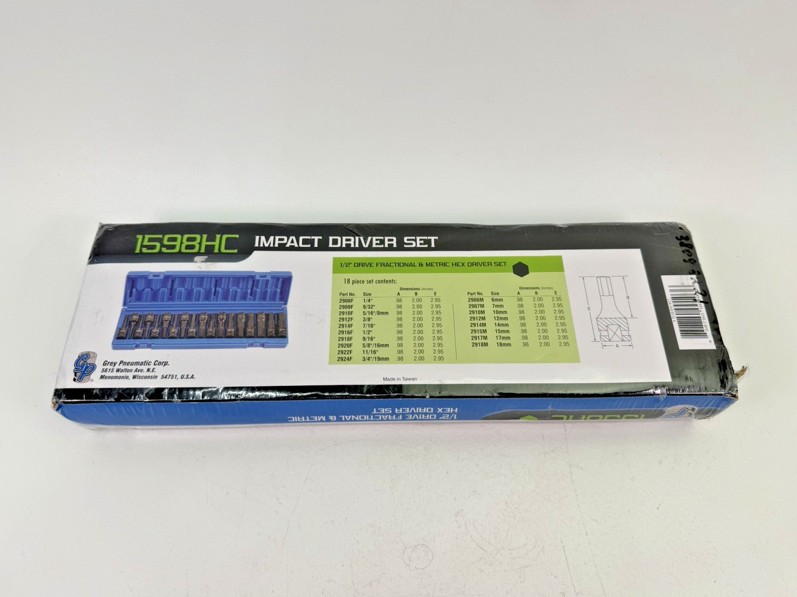 Grey Pneumatic 1598HC 18-Pc. 1/2 in. Drive SAE/Metric Standard Hex Driver Set