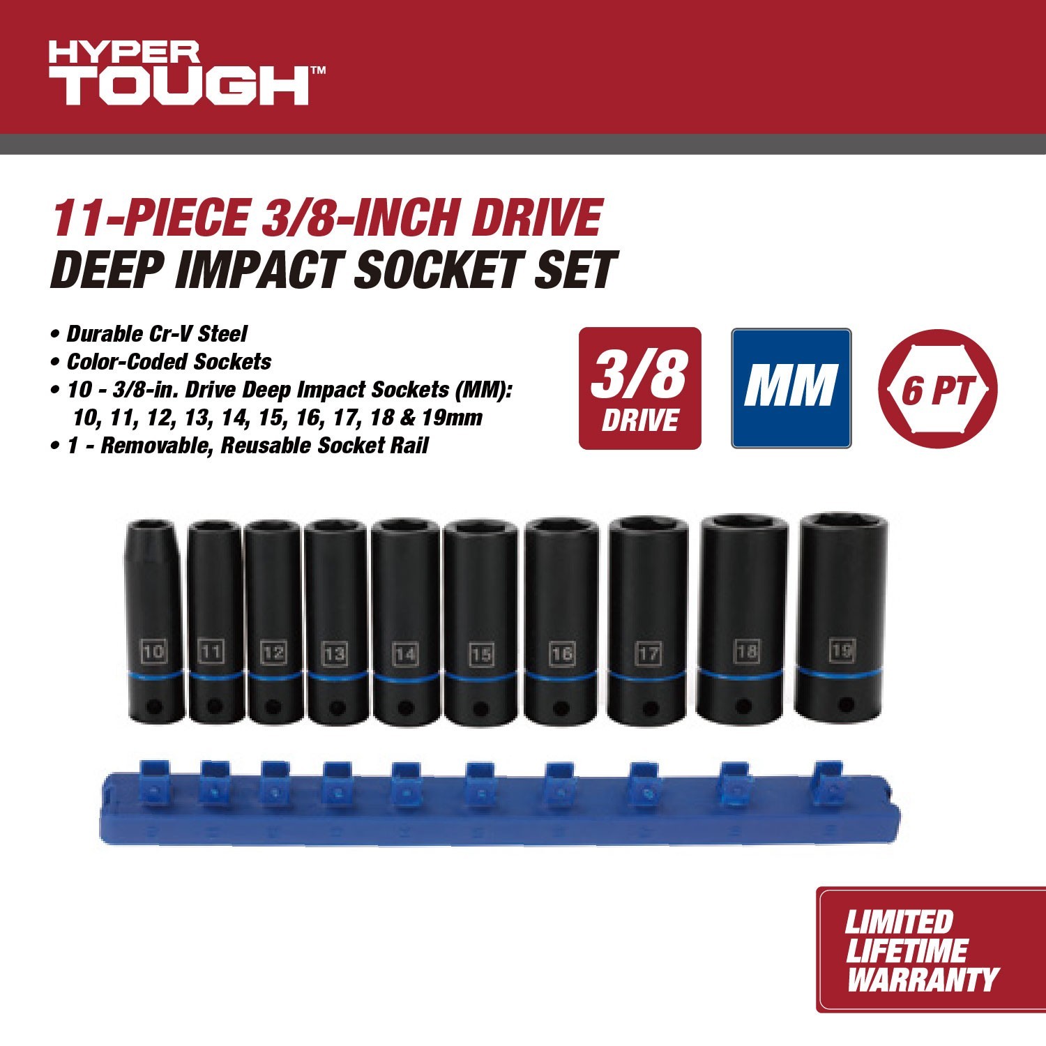 Hyper Tough 11Pc 3/8 Drive Deep Metric Socket Set Free Shipping