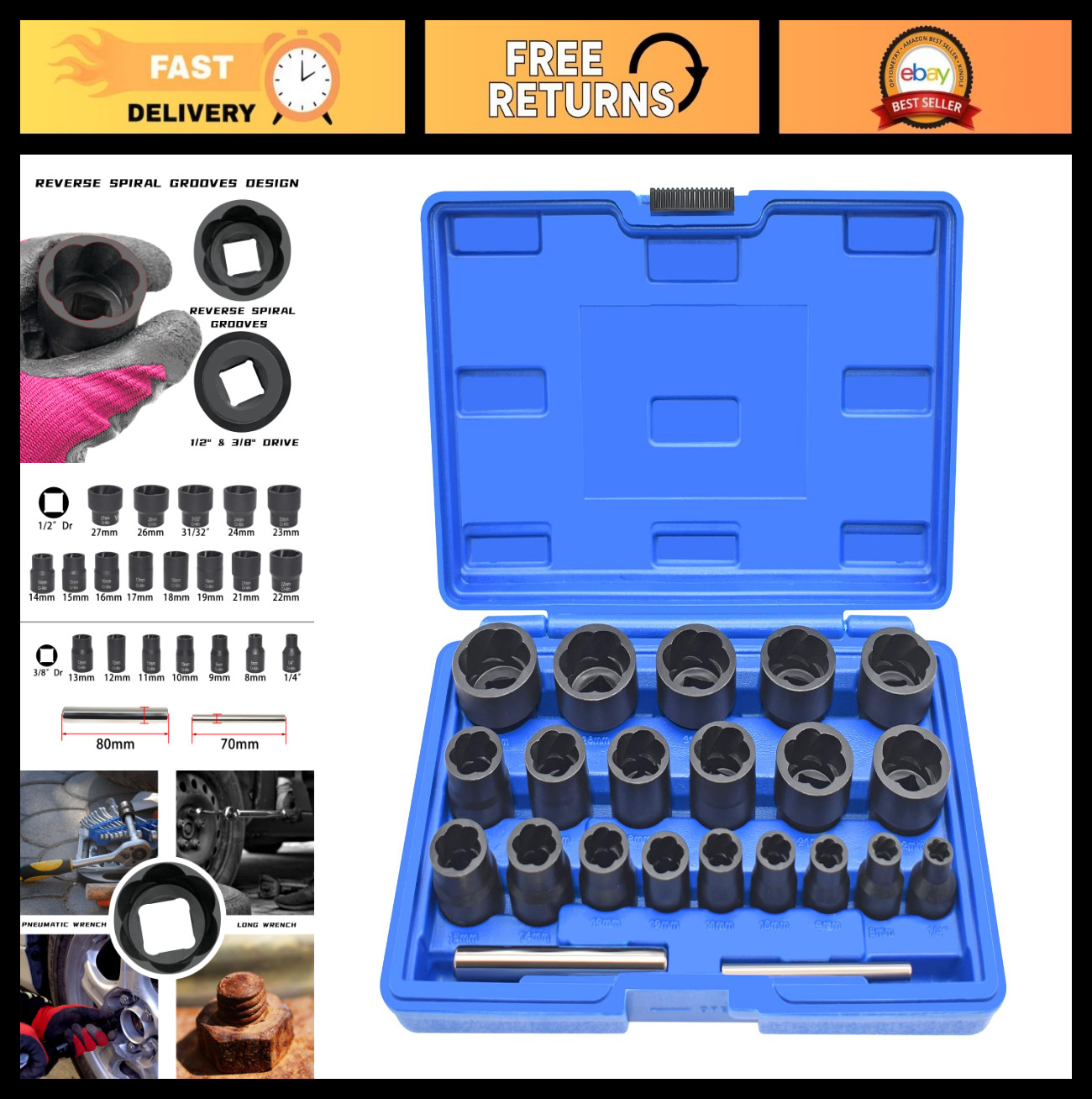 22 Pcs Bolt Nut Extractor Set – Wheel Lock Removal Kit for Stripped Nuts & Screw