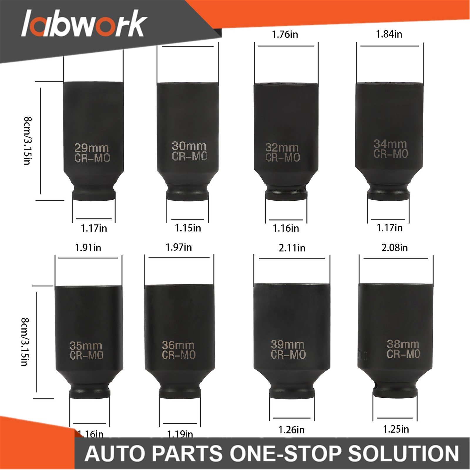 Labwork 8PCS 1/2″ Drive Deep Spindle Axle Nut Impact Socket Set 29-39mm 12 Point
