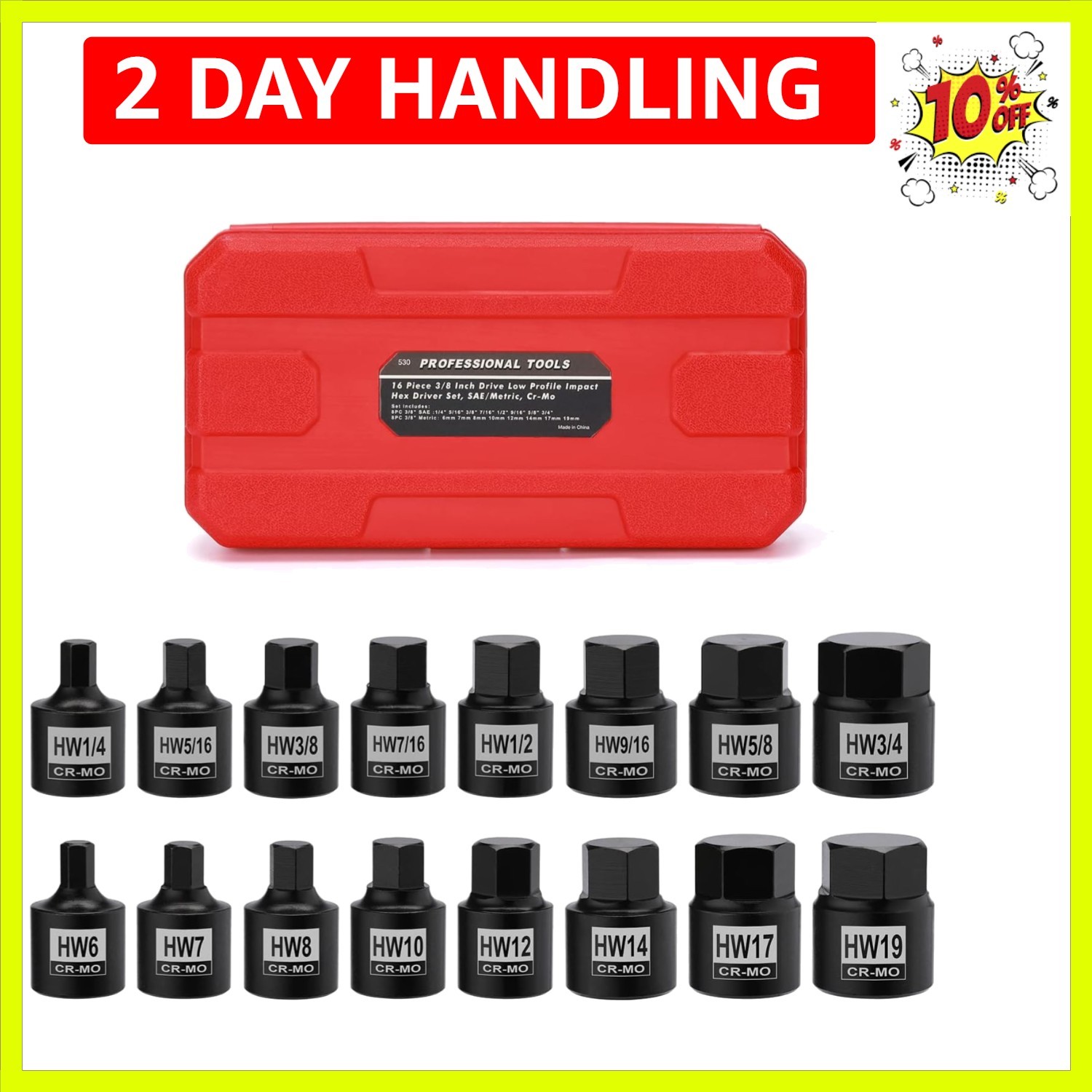16 Pieces 3/8″ Drive Low Profile Hex Socket Set, Impact Allen Bit Socket, CR-…