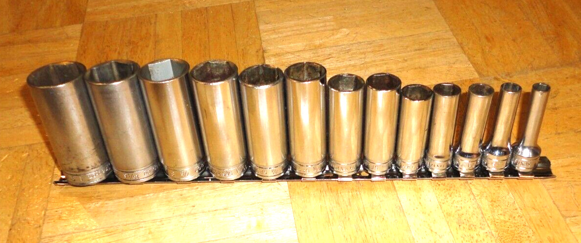 SNAP-ON TOOLS 13 PIECE 3/8 DRIVE SAE. DEEP CHROME 6 PT. SOCKET SET 1/4 TO 1 INCH