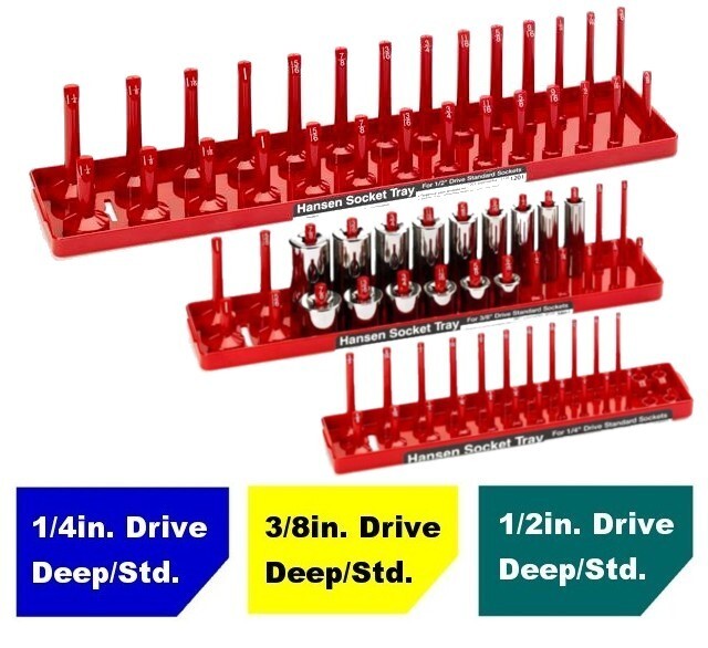Hansen 3pc Socket Organizer Tray Rack Holder SAE Standard 1/4 3/8 1/2” USA MADE
