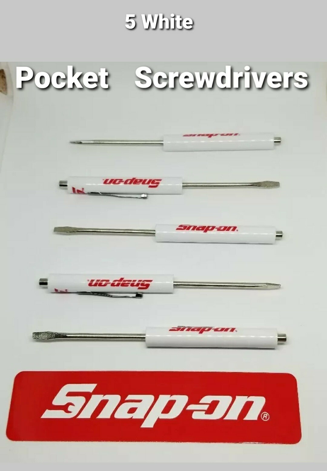 5 white Snap on tools screwdrivers per order . pocket screwdriver . magnet end
