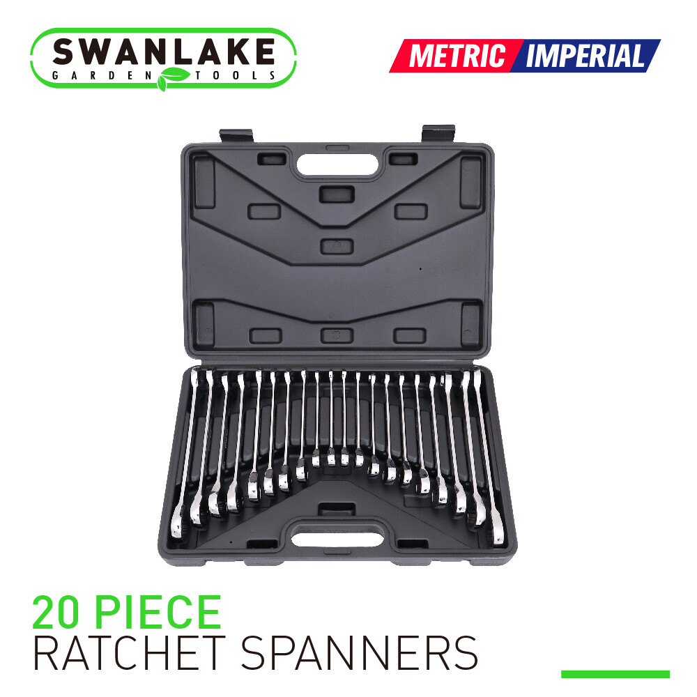 20pc Ratcheting Wrench Combination Flat Ratchet Spanner Set Inch & MM With Case