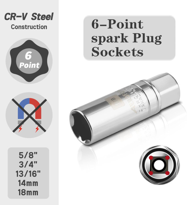 14PCS Spark Plug Socket Set w/ Torque Wrench & Extension, CR-V Steel, 3/8” Drive