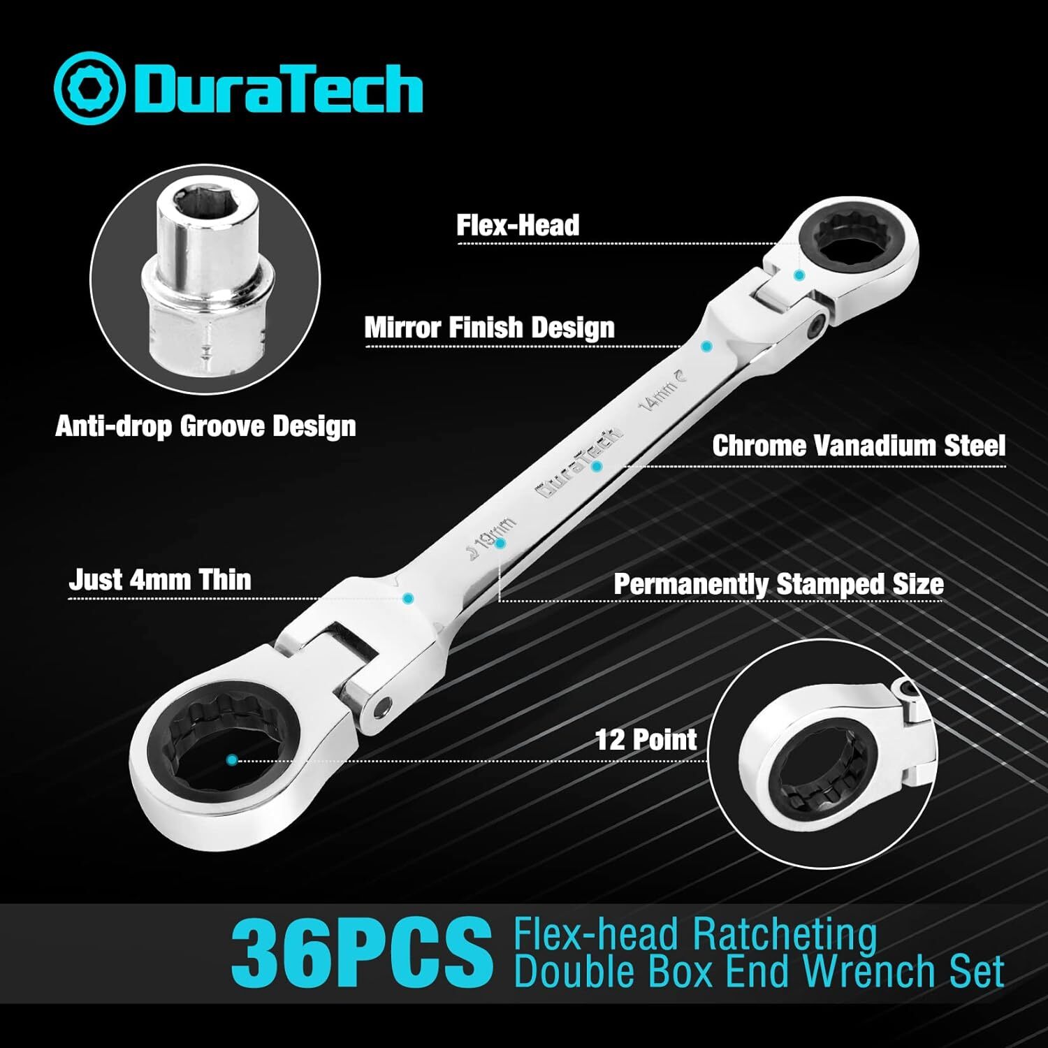 DURATECH 12-in-1 Flex-Head Ratcheting Wrench Set & 24-in-1 Mirror Finish