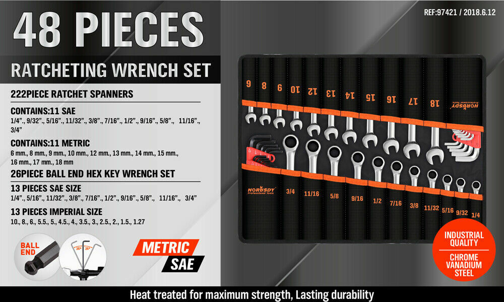 48Pcs Ratchet Spanner & Hex Wrench Set Ball End Allen Key SAE Metric Carry Pouch