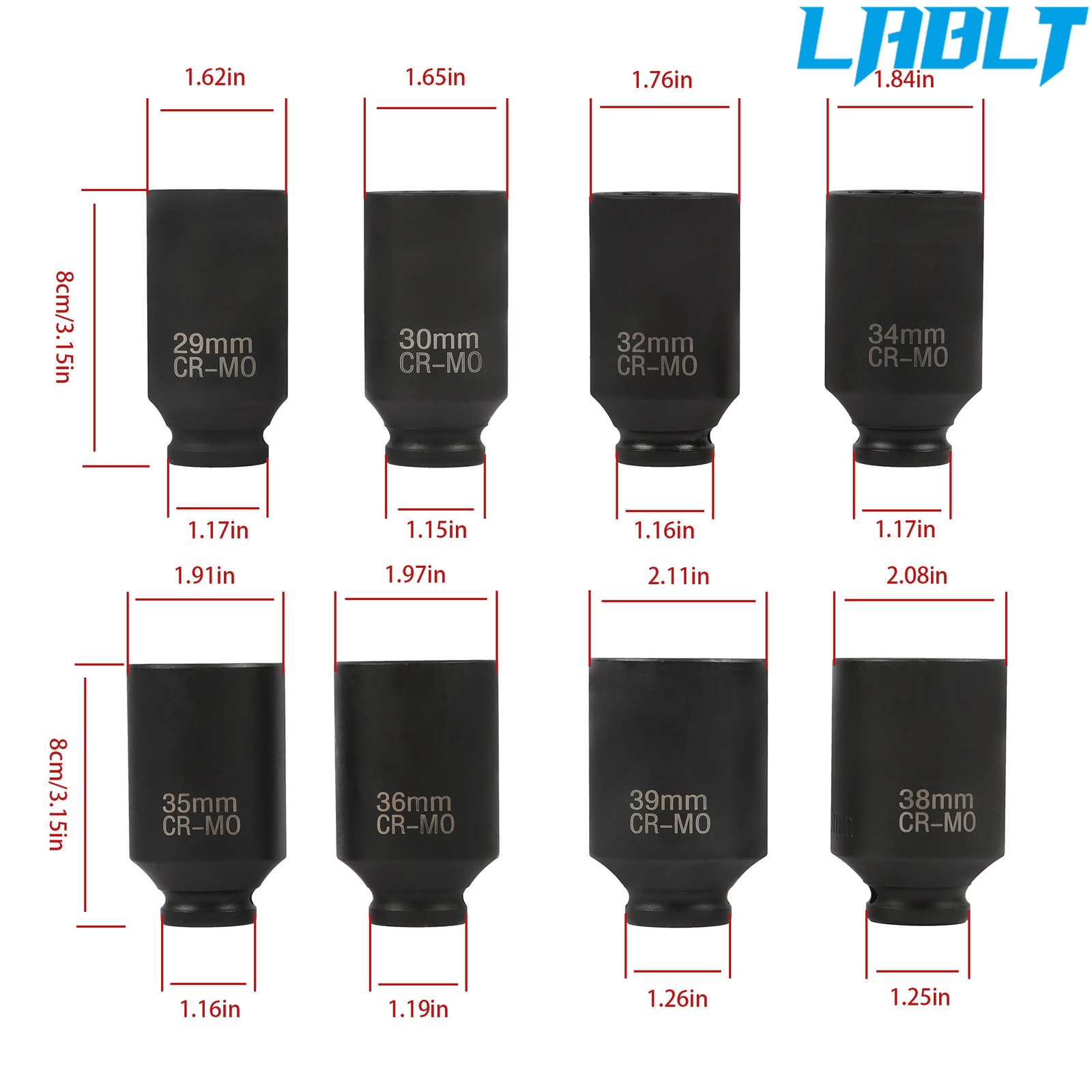 8 pieces 12 Point 1/2» Drive Deep Spindle Axle Nut Impact Socket Set 29mm-39mm