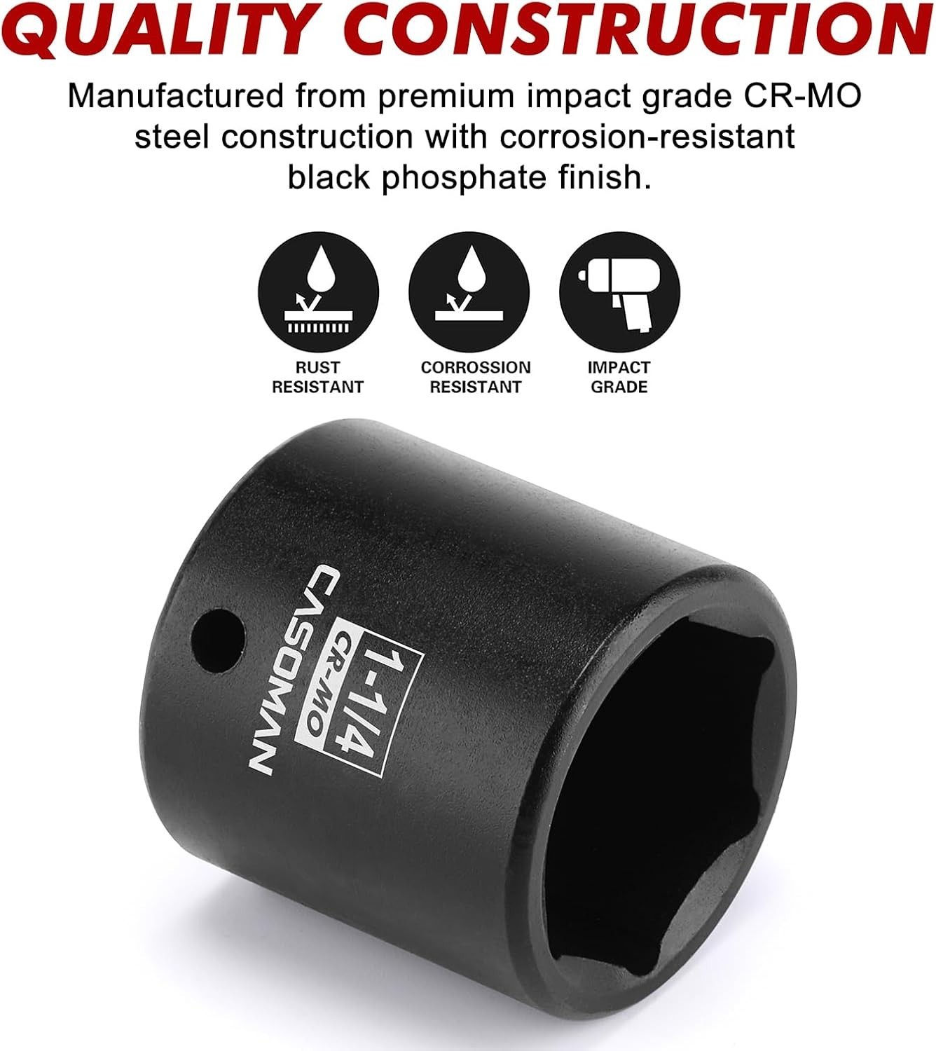 Heavy-Duty 1/2-Inch Drive Impact Socket, 1-1/4-Inch Size, Black Phosphate Finish