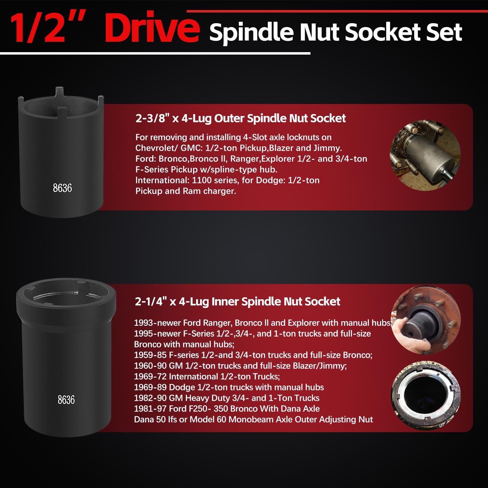 Sunluway Spindle Nut Socket Tool Kit 5 Pcs Axle Hub Lock Nut Socket Set 1/2” …