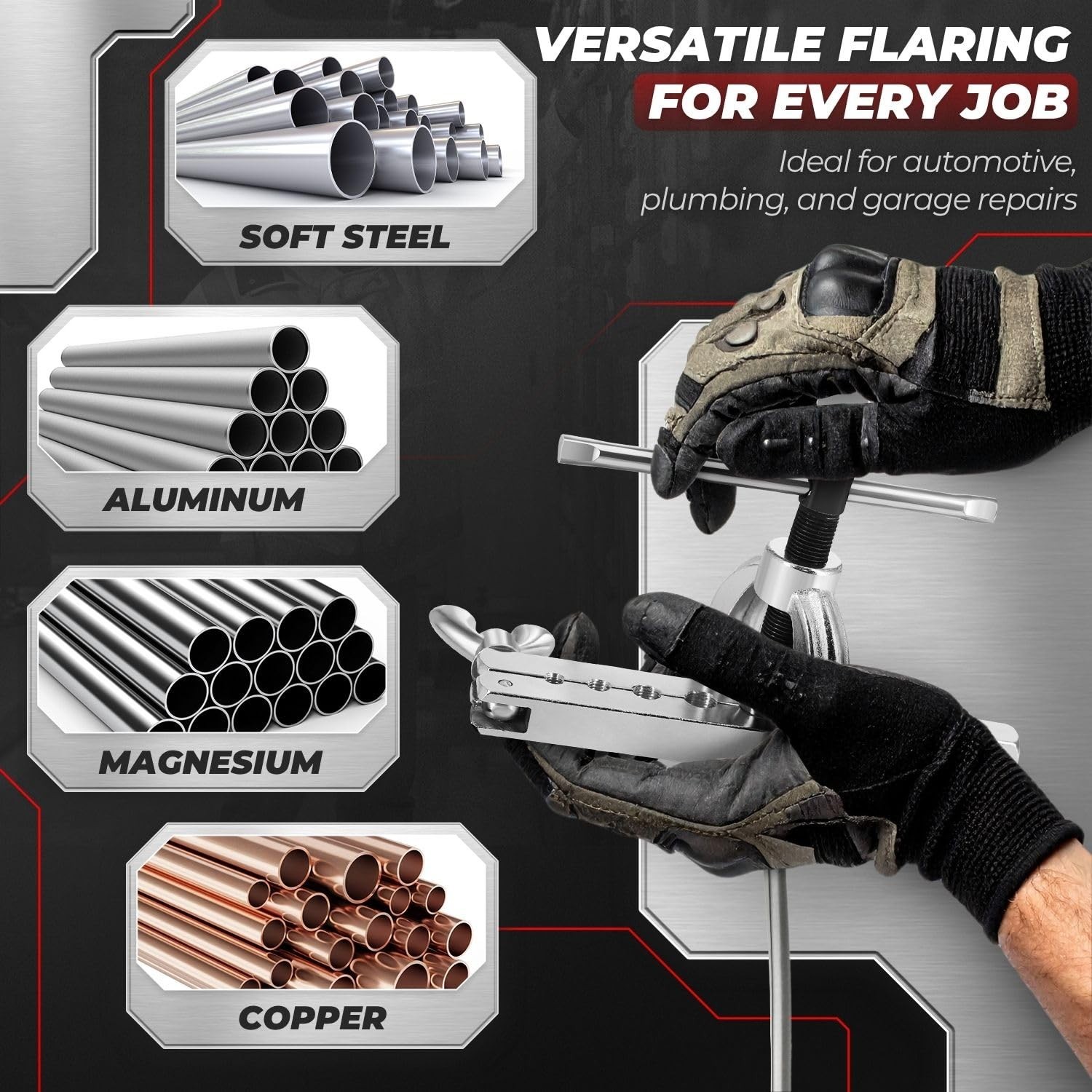 Double Flare Brake Line Flaring Tool Kit with Adapters for Copper Steel Aluminum