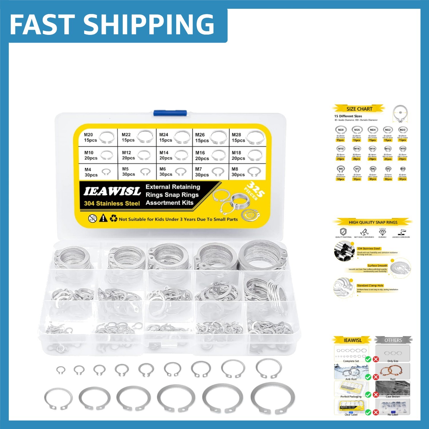 Versatile 325 PCS C-Clip Set: 15 Sizes M4-M28, Ideal for Machinery & Automobiles