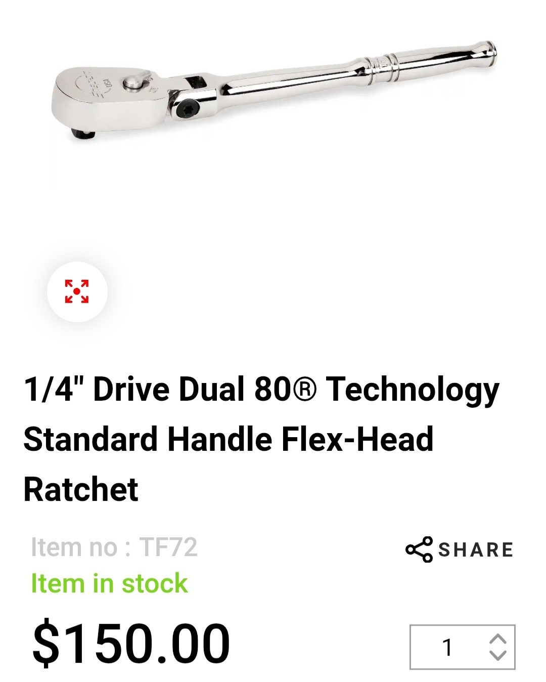 Snap-on 1/4″ Drive Dual 80® Technology Standard Length Flex Head Ratchet TF72