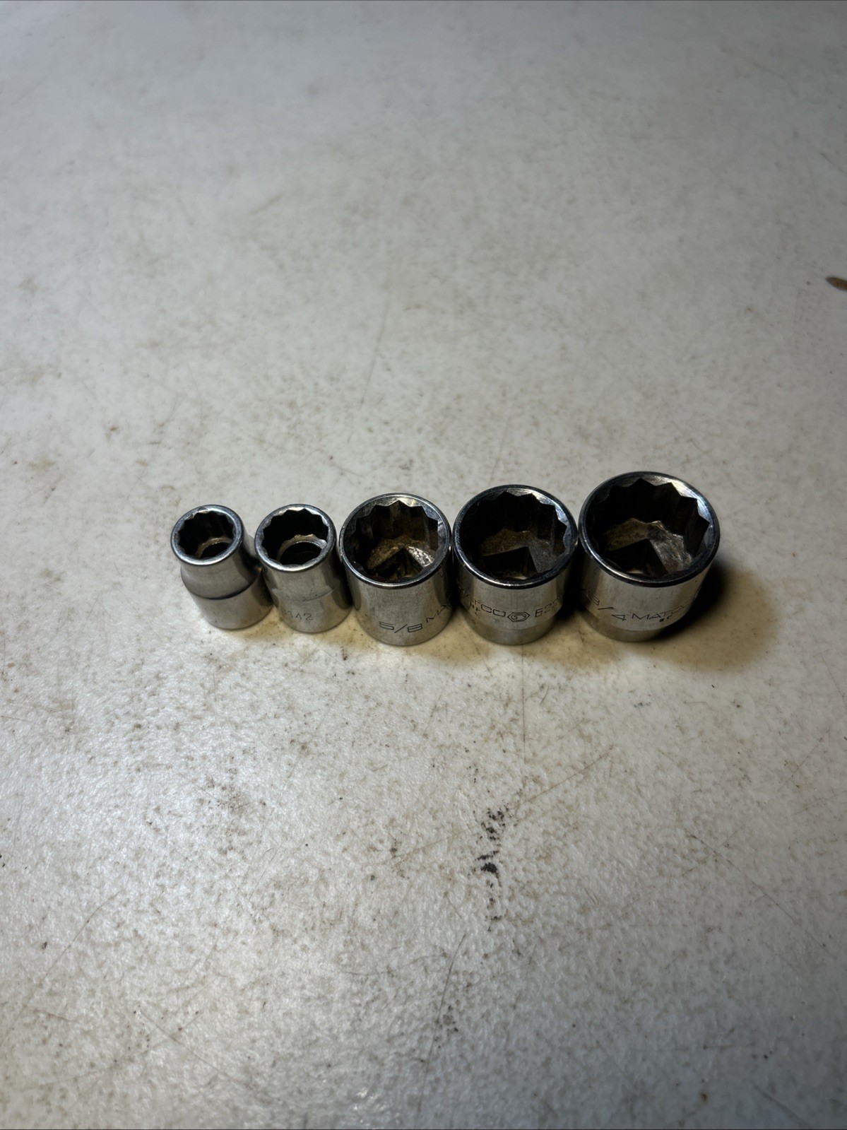 MATCO – Lot Of 5 Shallow SAE Sockets,3/8” Drive,12pt (3/8”,7/16”,5/8”,11/16,3/4”