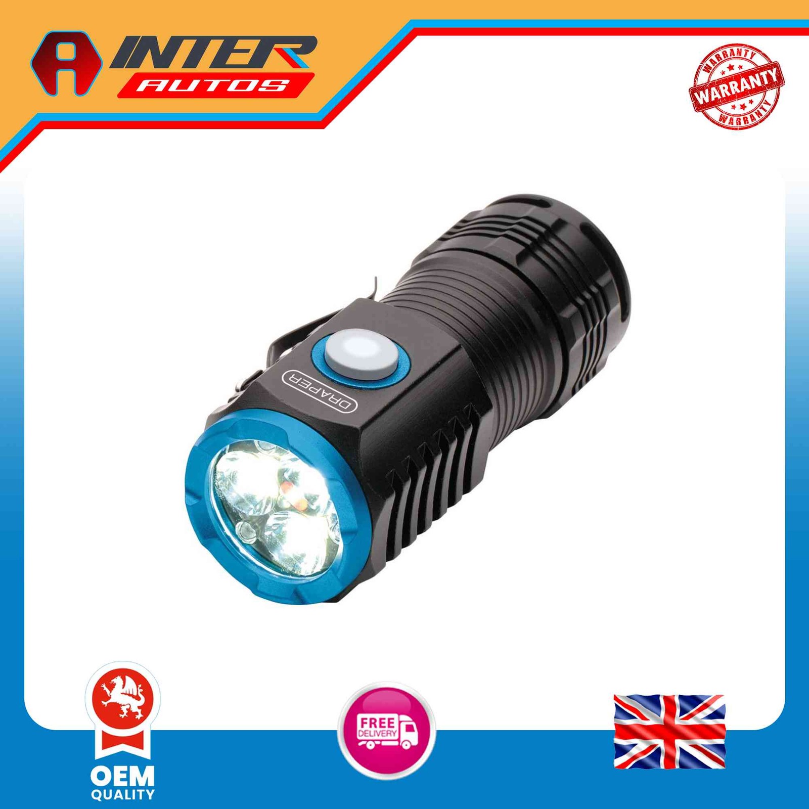 Draper LED Rechargeable Pocket Torch, 3 x 8W, 1800 Lumens, USB-C Cable Supplied