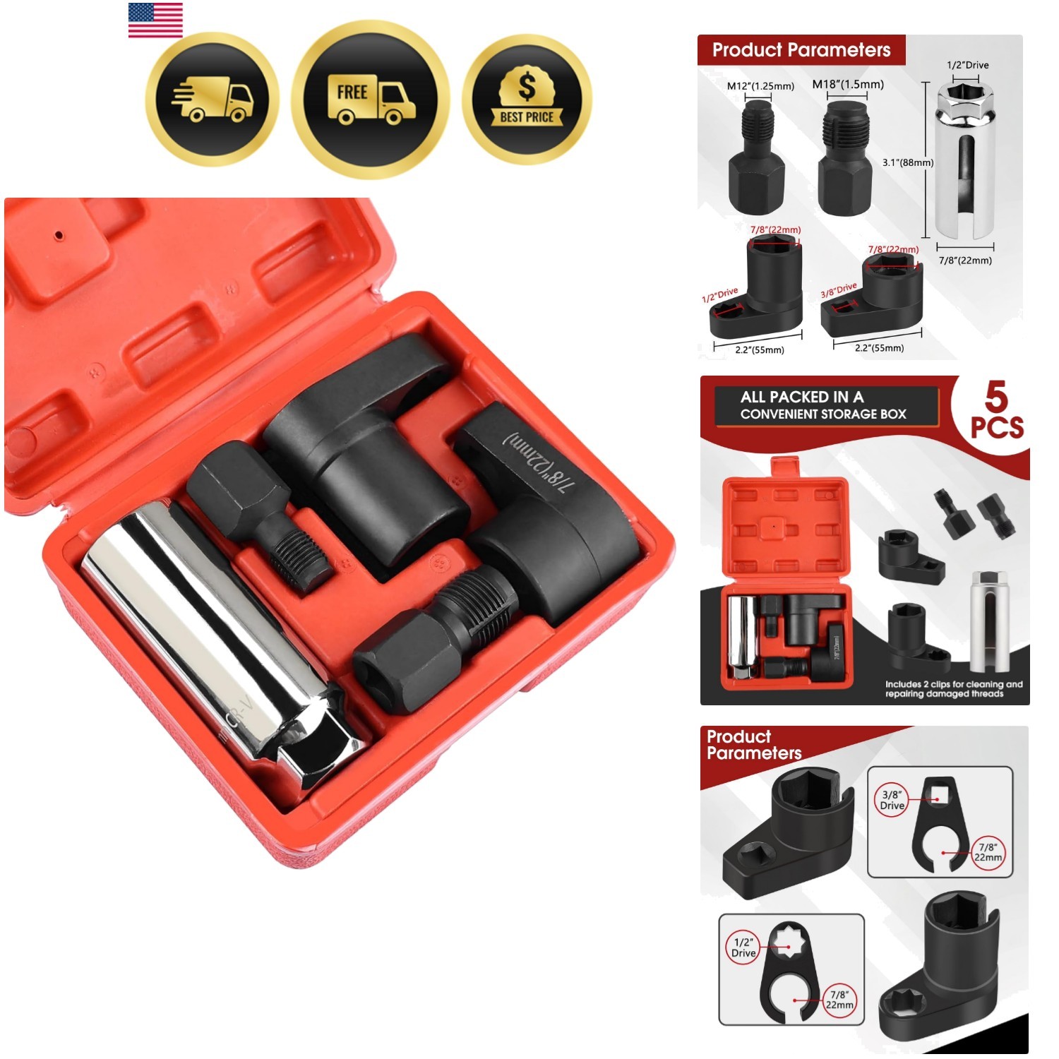 5PCS O2 Oxygen Sensor Socket Set, 1/2 & 3/8 in Drive, 7/8 in 22mm, Removal T…