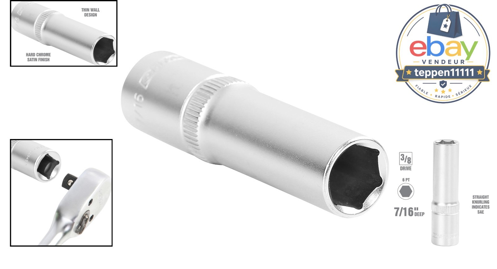 7/16″ Deep Socket, 3/8″ Drive, Thin Wall Design, Hex Automotive Tool
