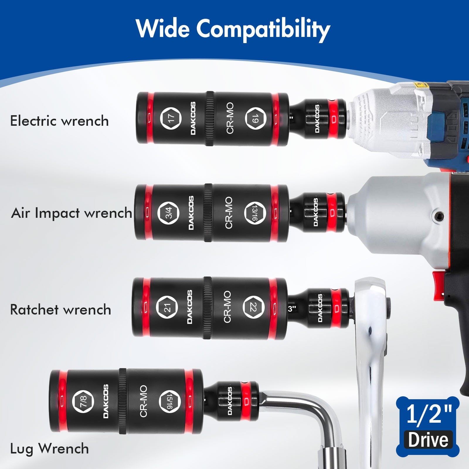 DAKCOS 1/2″ Drive Impact Lug Nut Socket Set, Double End, with 3″ Extension Bar