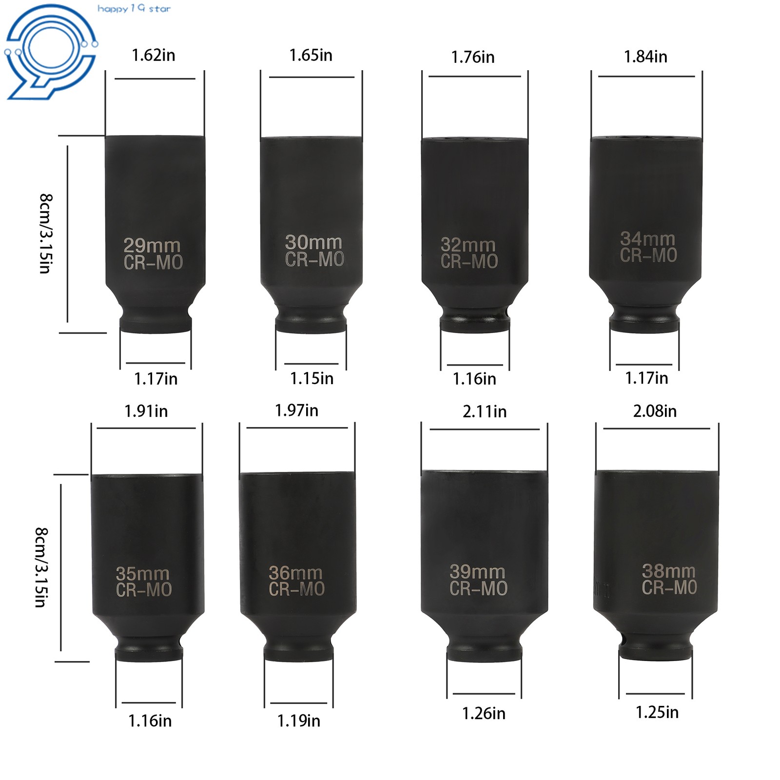 8PCS 1/2″ Impact Socket Set 12Point 1″ to 1-1/2″Drive Deep Spindle Axle Nut